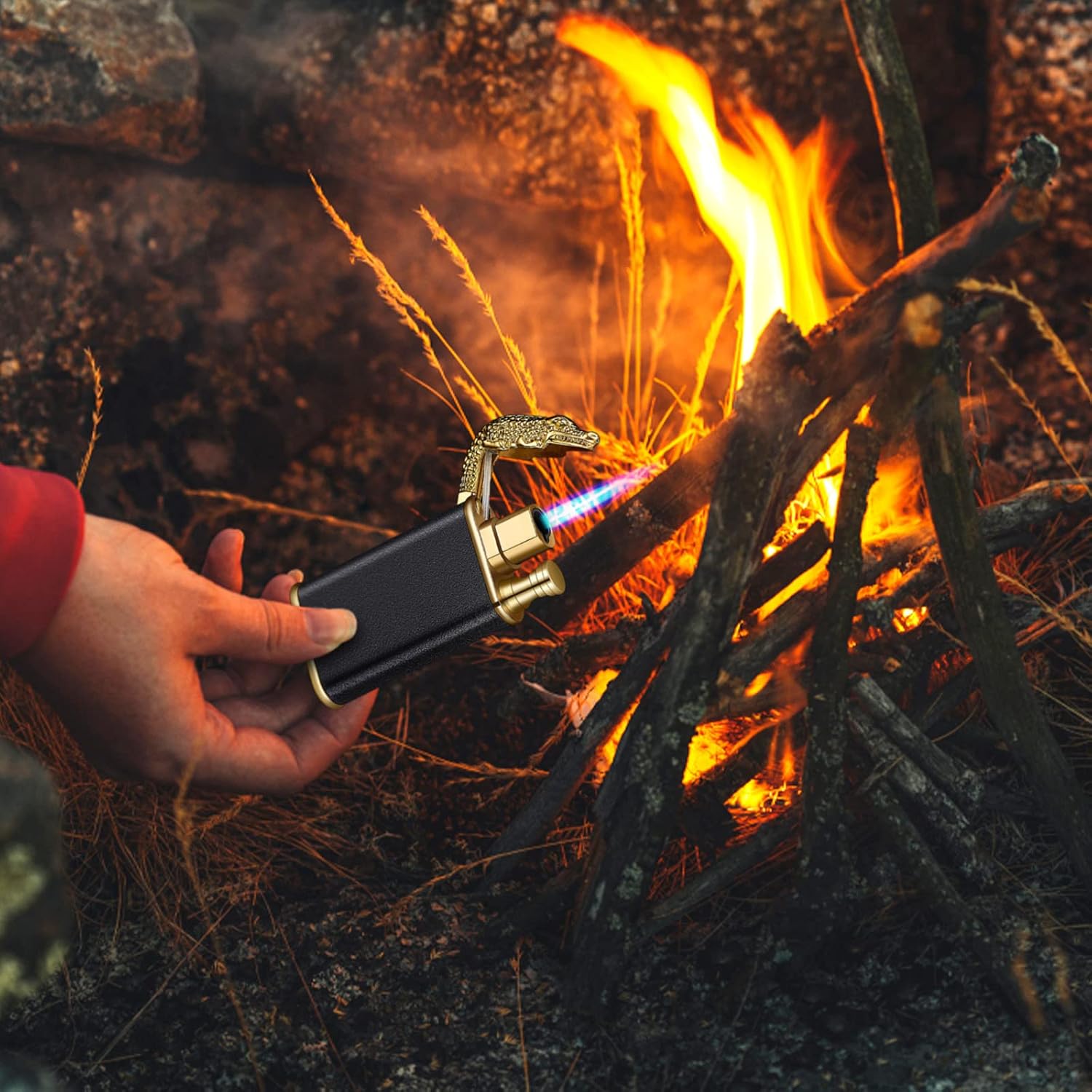 2022 New Crocodile Lighter, Double Fire Windproof Croc Lighter Torch, Cool Fancy Jet Flame Butane Lighters, Refillable for Fireworks (Crocodile, A- Black), Blue, 7.3x3.3x1.3cm