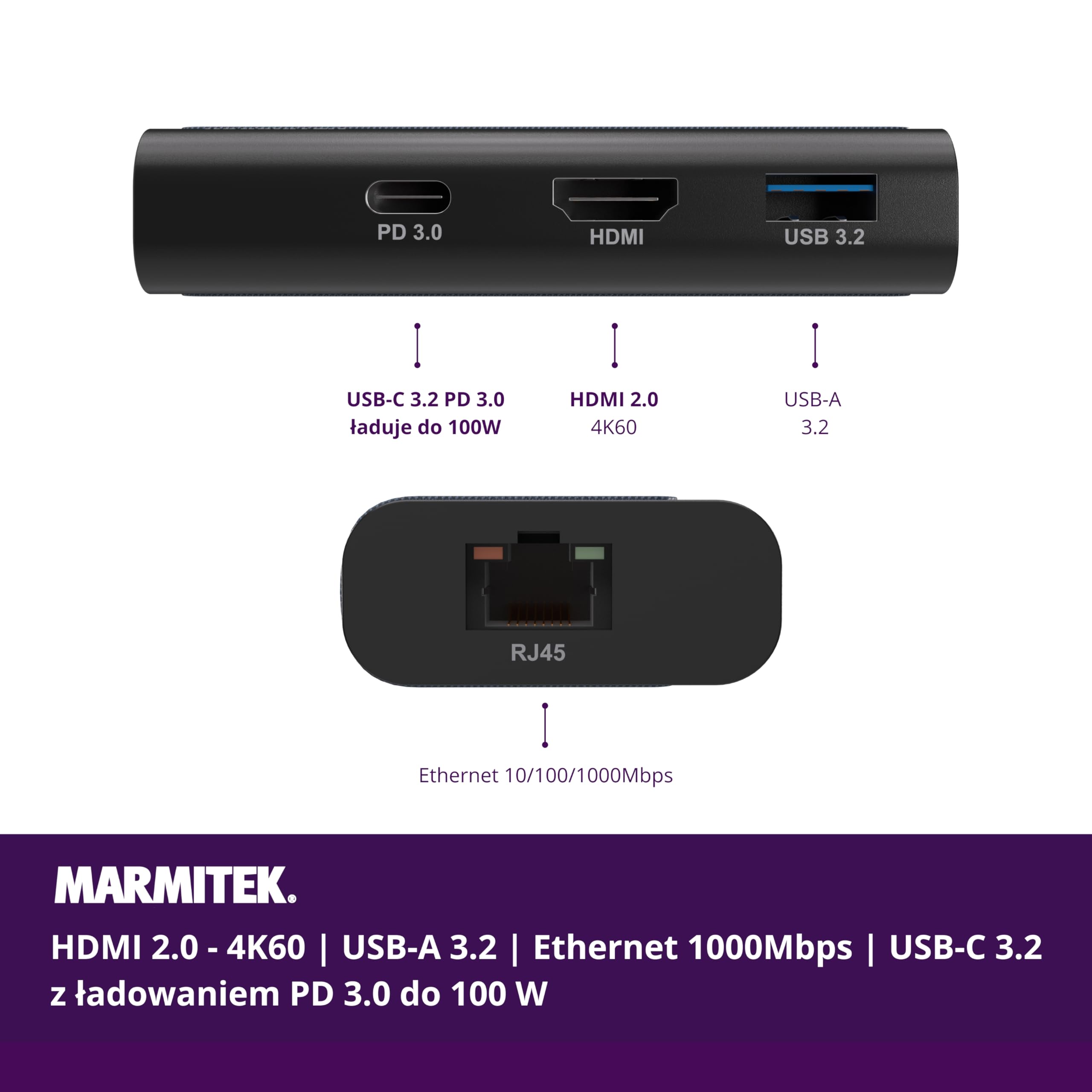 Hub USB C 4 w 1 - Marmitek Hub USB-C 4 - Adapter USB C HDMI 2.0 - Stacja dokująca USBC (HDMI, USB-C, USB-A, Ethernet RJ45 - Kompatybilny z iPhone 15, MacBook, iPad Pro, Surface, Galaxy S24-USB 3.2