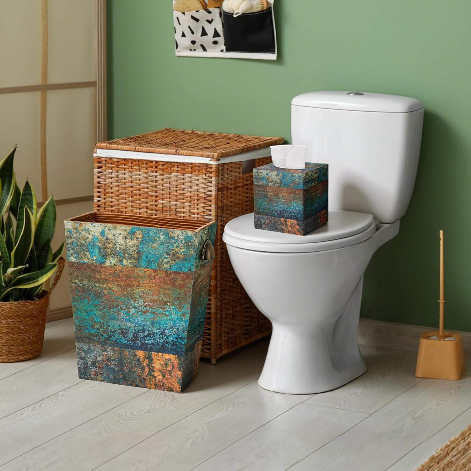 Kathfly 2 Pcs Wood Trash Can & Tissue Box Holder Set, Boho Distressed Wood Wastebasket with Antique Bronze Handle & Matching Square Tissue Box Cover, Farmhouse Rustic for Home, Bathroom, Kitchen