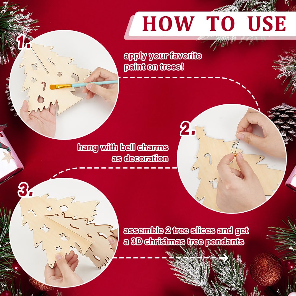 WADORN Kit di Artigianato Fai Da Te per Ornamenti In Legno per L'Albero di Natale, Set Ciondoli In Legno per Albero di Natale Non Finito, 36 ciondolo A Forma di Campana, 3 m di Cordino In Nylon Verde