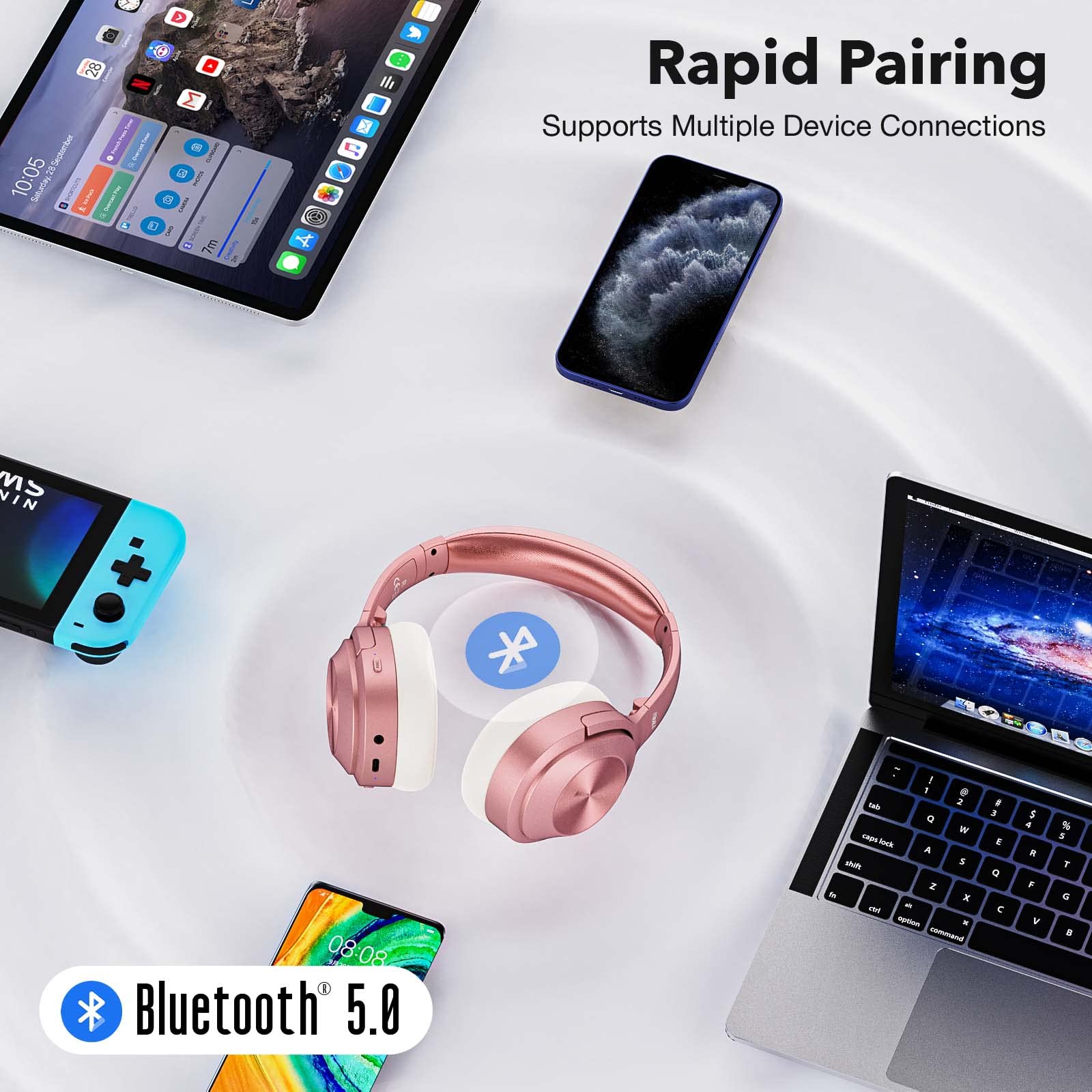FORALL Casque Bluetooth sans Fil, Casque Réduction de Bruit, Audio Haute Résolution, 40 Heures d'autonomie, Casque Anti Bruit Bluetooth pour Musique Voyages - Rosa
