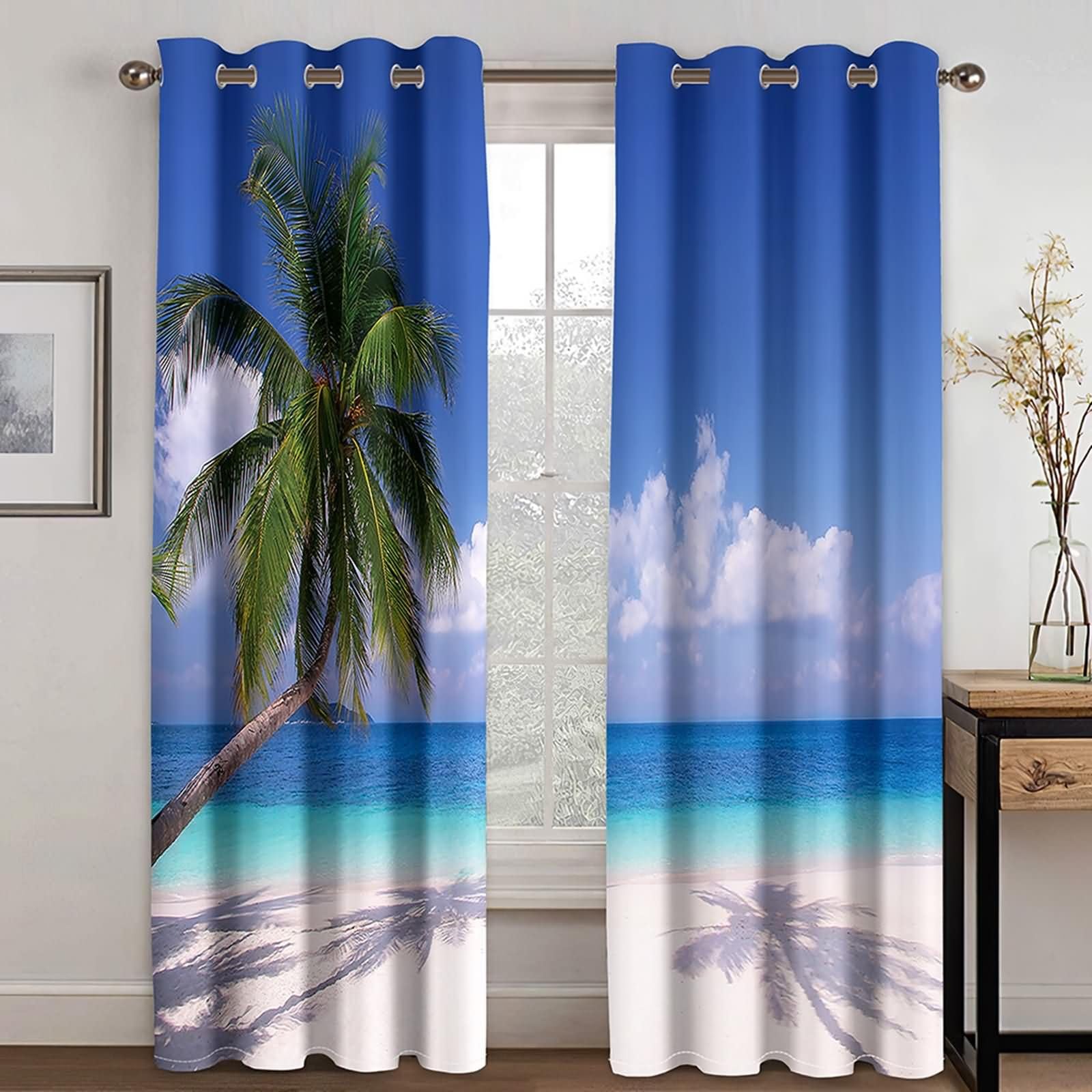 Zasłony nieprzezroczyste do pokoju młodzieżowego, zestaw 2 sztuk, 2 x 86 W x 183 cm (wys. x szer.), zasłony do sypialni, na przelotkach, na plaży palmowej, krajobrazu, niebieskie, zielone