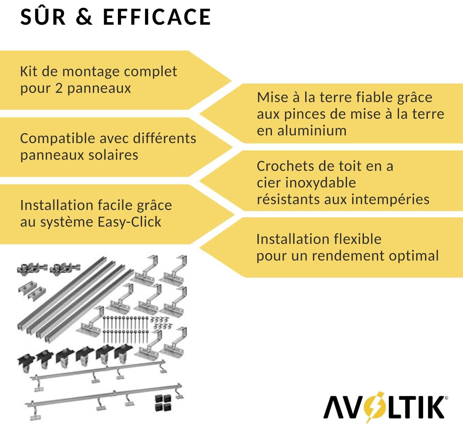 Support solaire pour toit en tuiles | Kit de montage pour 2 panneaux I Lot de crochets de toit en acier inoxydable 3 fois fixés. Pinces de rail de montage en aluminium