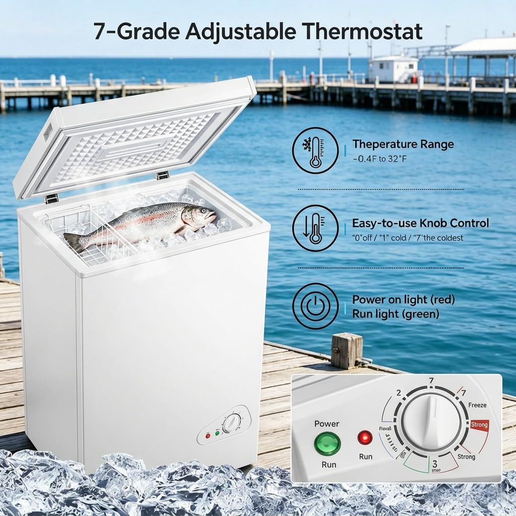 Casanta 3.5 Cu.Ft Chest Freezer, Compact Deep Freezer With 2 Removable Baskets, Convertible Refrigerator & Freezer (-0.4℉ To 50℉), Energy Saving Freestanding Freezer For Garage, Home, Arctic White on Fridge.com - View 6