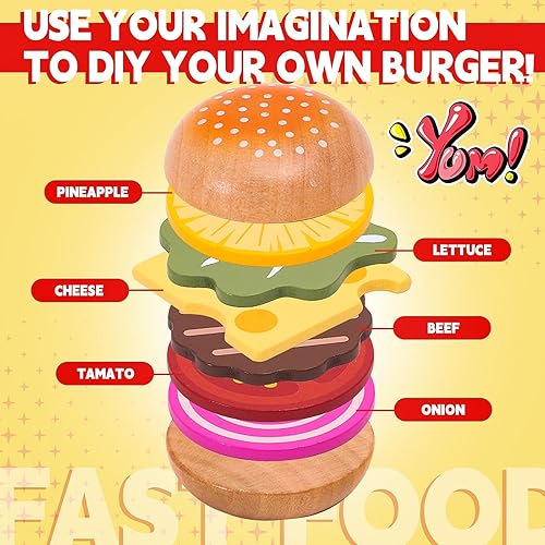 Miniatura 4 de Juego de comida rápida de madera para niños, juguetes realistas de hamburguesas, juguete apilable de sándwich, comida educativa de madera para