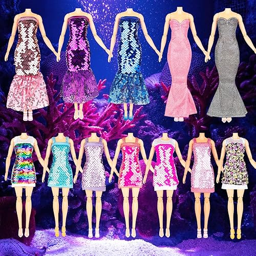 Miniatura 5 de Ropa y accesorios de muñeca de sirena con lentejuelas y brillantina, 12 vestidos de fiesta con purpurina brillante, 2 adornos de corona diferentes y