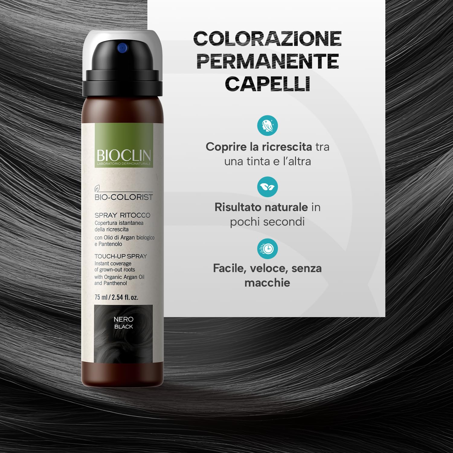 BIOCLIN Bio-Colorist Spray Ritocco Nero – 75 ml – Copertura Istantanea della Ricrescita Con Olio di Argan e Pantenolo – Risultato Naturale, Non Macchia e si Rimuove con lo shampoo. (Confezione da 2)
