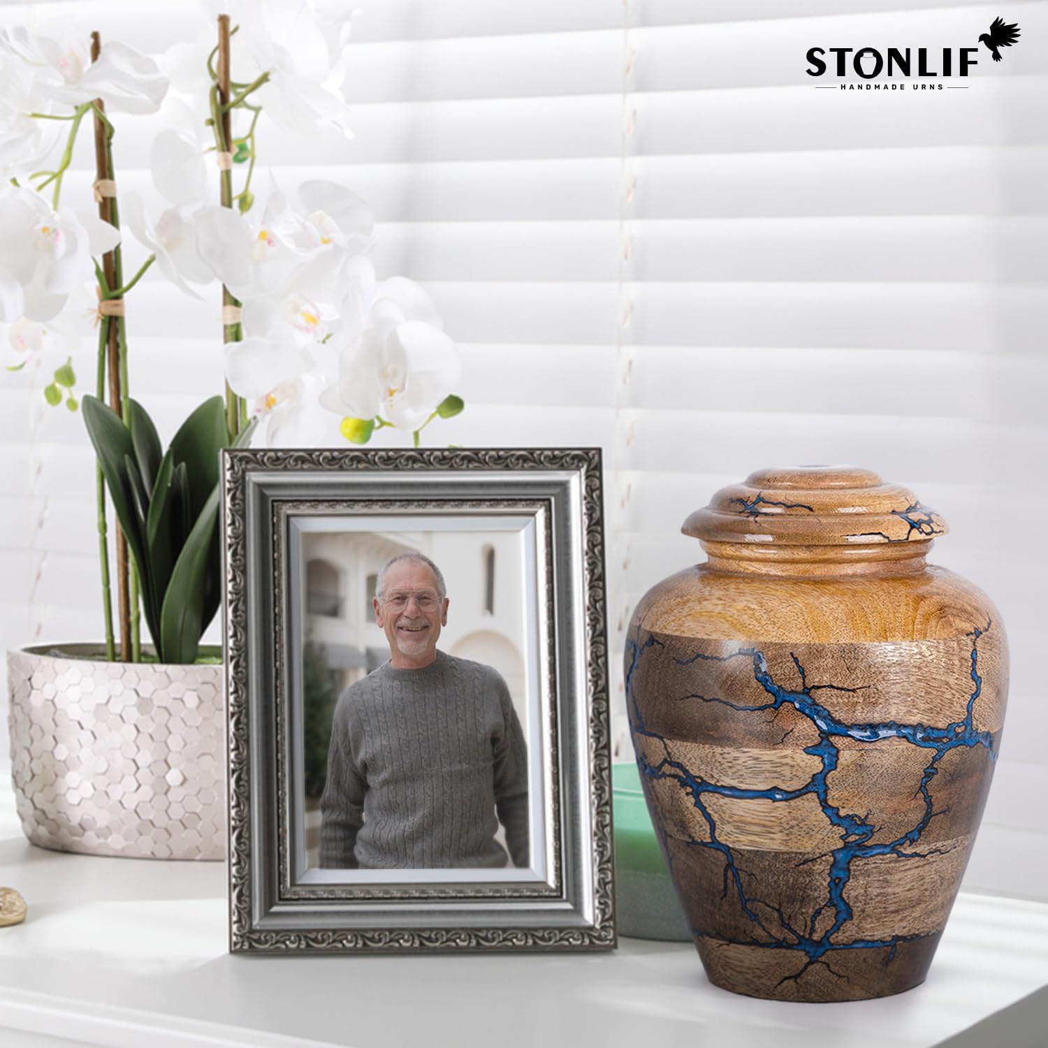 Wooden Cremation Urns for Human Ashes Adult Male 80 Cubic Inches - Urns for Ashes for Women & Men - Blue Urn for Adult Male - Decorative Urns - Burial and Funeral Urn -Blue, Medium 80lbs - Image 5