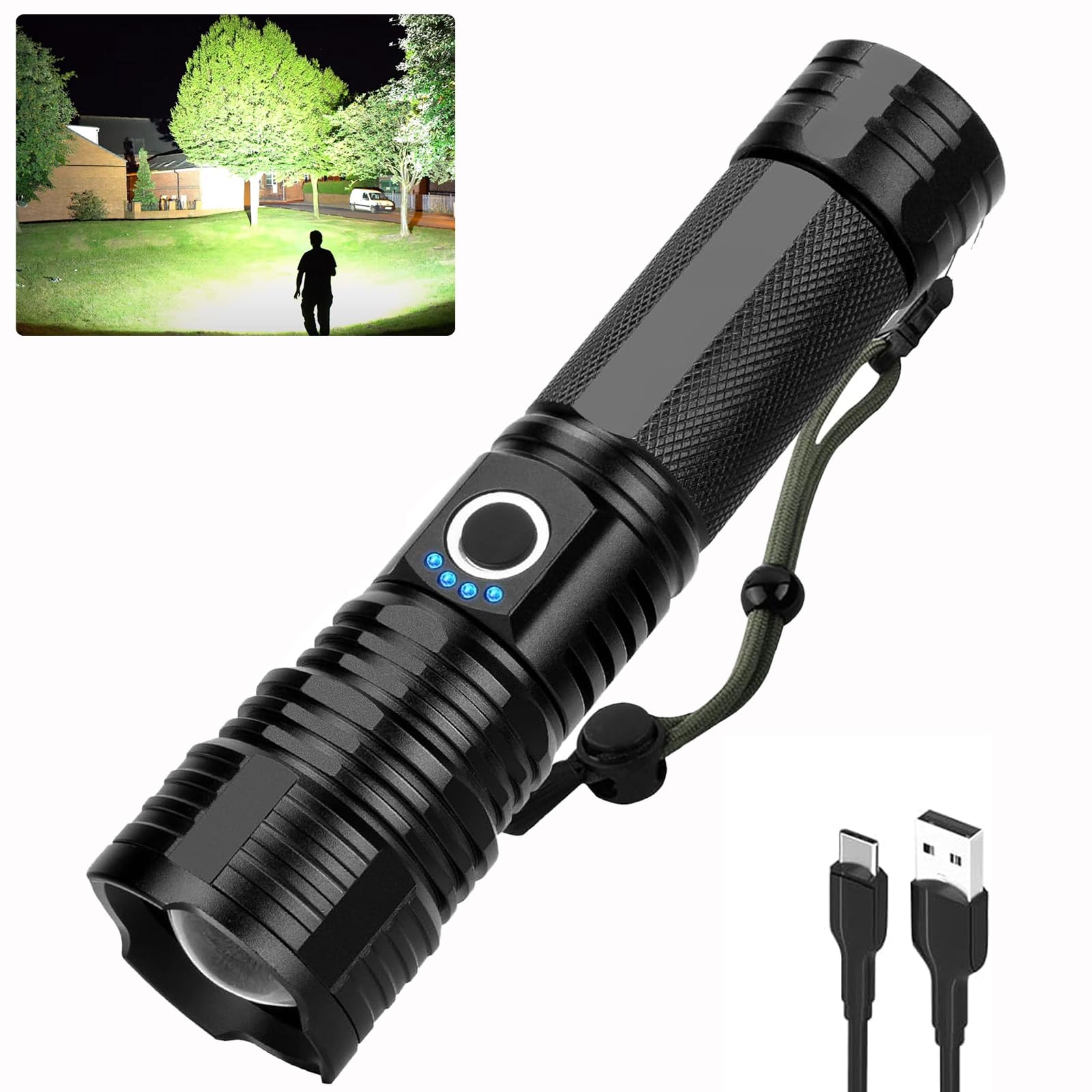 NiaoChao Rechargeable Flashlights High Lumens, 250000 Lumens Super Bright LED Flashlight, 5 Modes Adjustable Waterproof with USB Cable, Powerful Flash Light for Camping, Home