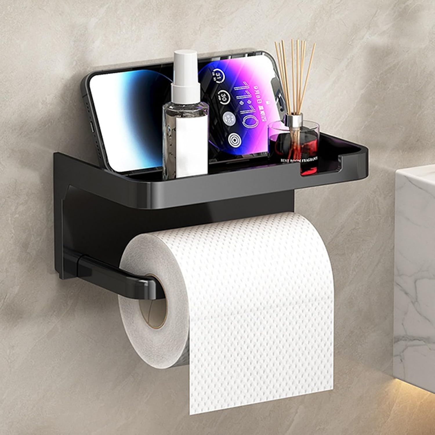 Modern Shower Holder with Phone Stand and Tissue Roll Holder Not Drilling Easy Installation Texture for Home Wall Mounted Tissue Modern Bath Accessory