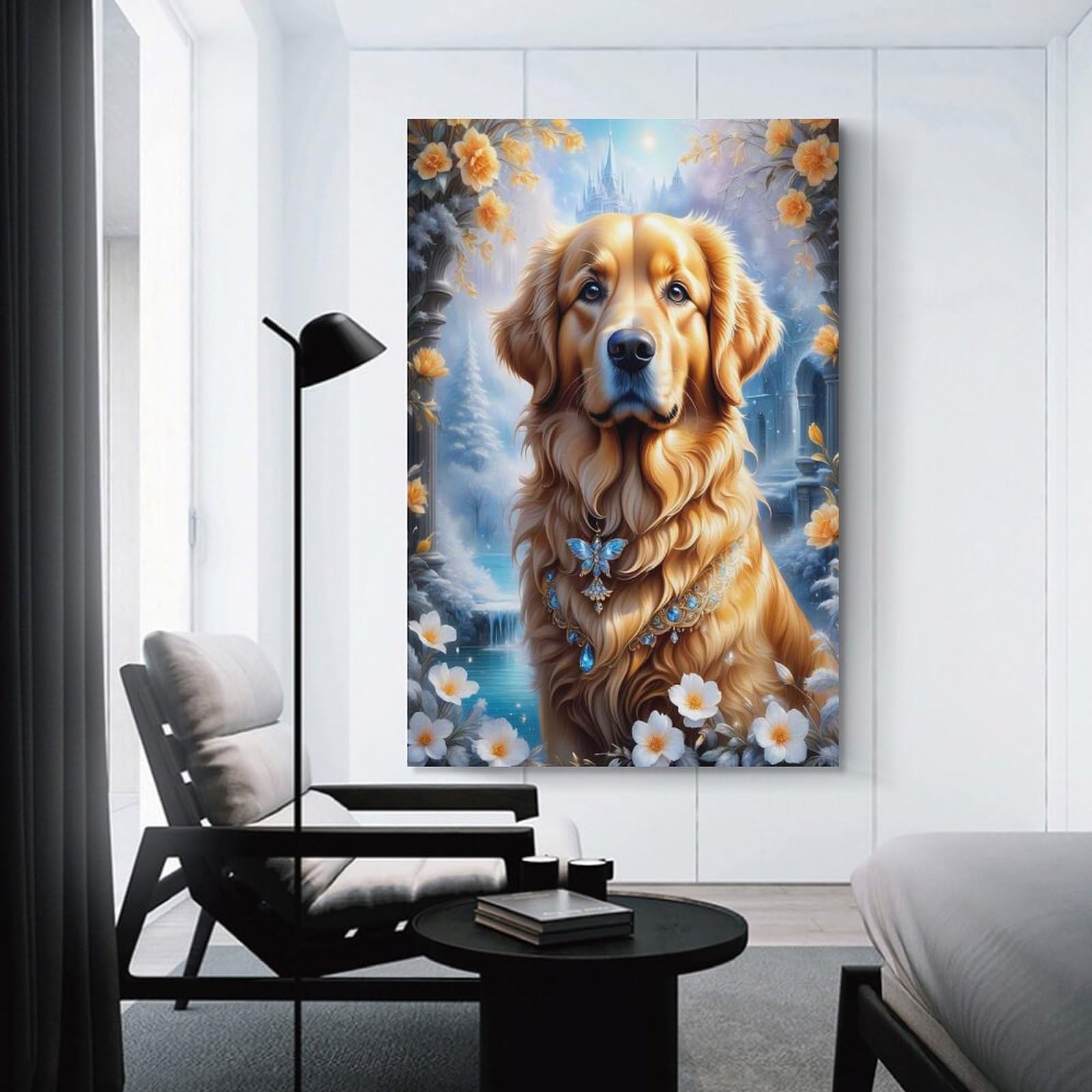 Junmoney Unframe-Fantasy Golden Retriever Canvas Wall Decor Fantasy Golden Retriever, 24X36inch(60X90cm), For Flats, Guest Rooms Or Compact Rooms, Wall Decor With Flexible Room Appeal