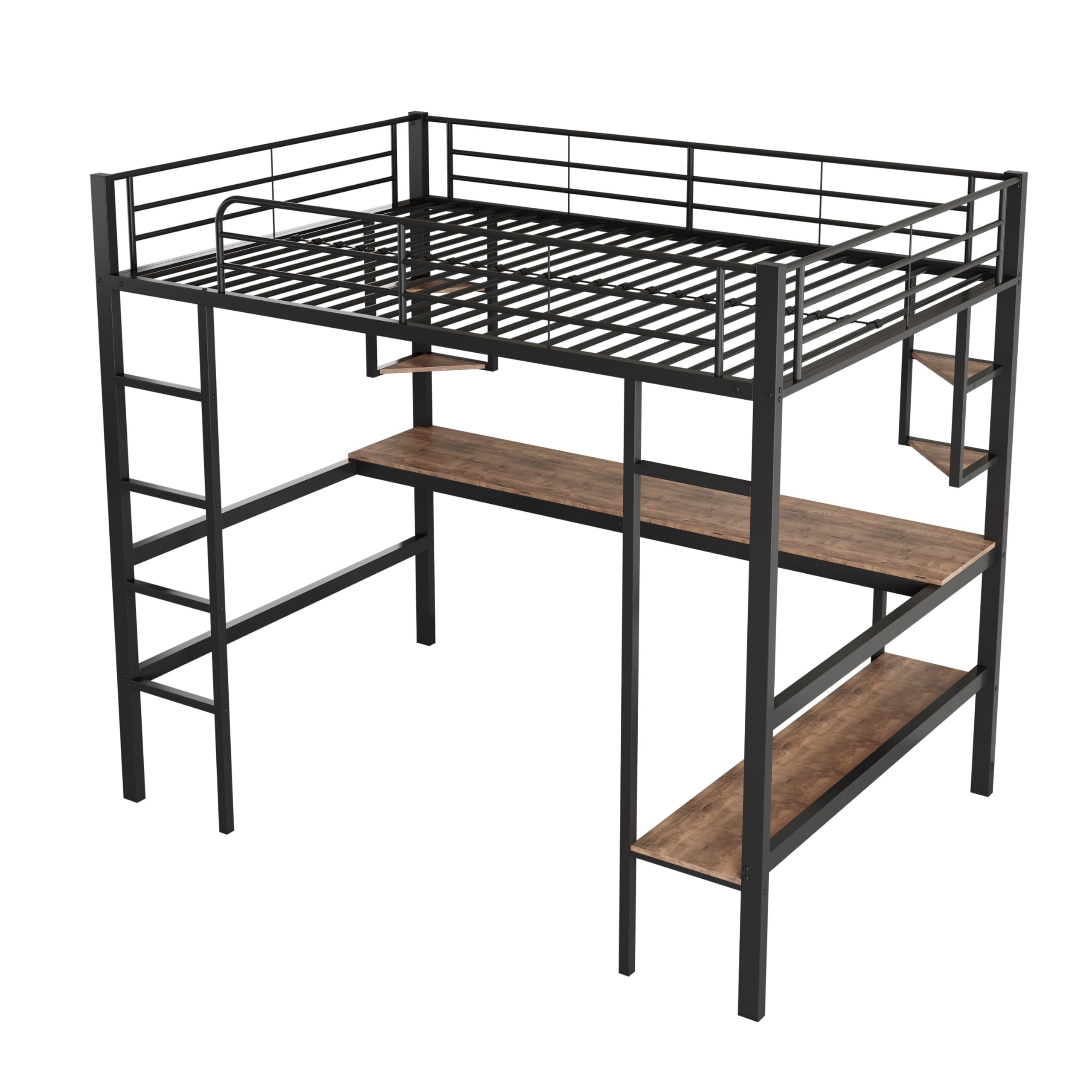 Azkoeesy Letto a soppalco in metallo, 90 x 200 cm, letto alto con scrivania 200 cm, scaffale per libri, per adolescenti e adulti, colore nero (90 x 200 cm)