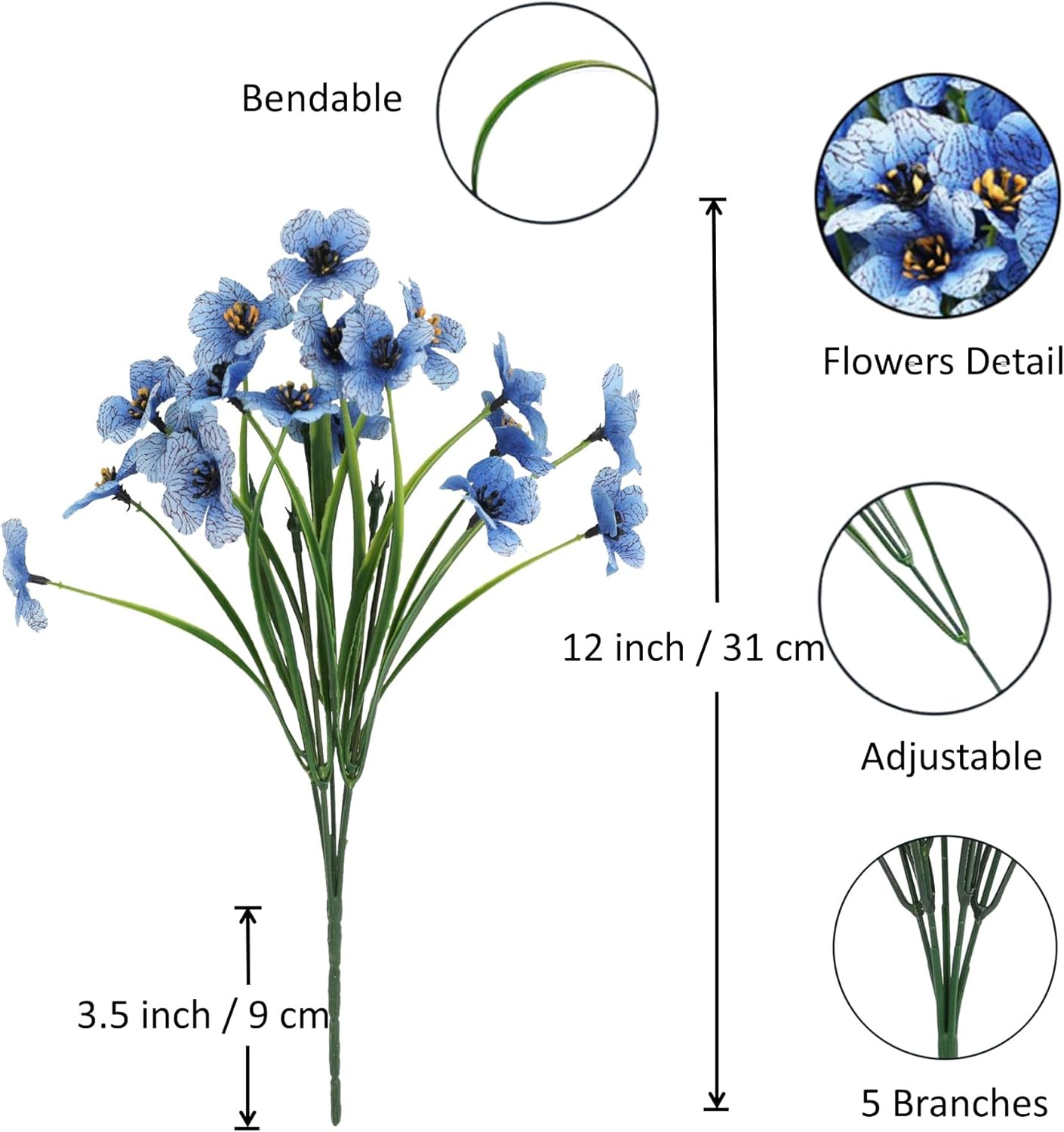 12 Bundles Blue Artificial Flowers for Home Décor, No Fade Faux Flowers Fake Plastic Plants for Decoration Hanging Planters Indoor Outside Garden Porch Window Box - Image 5