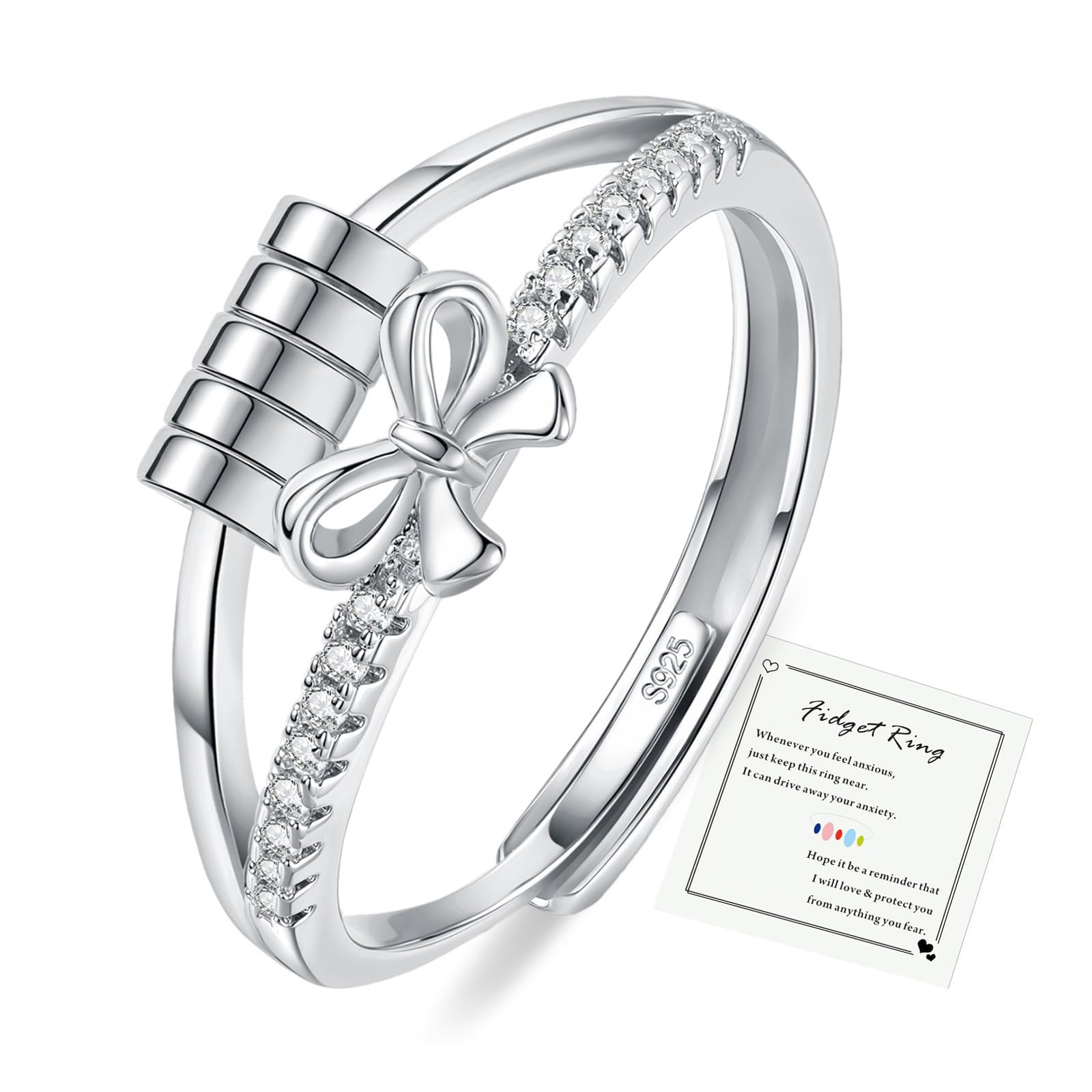 HEEYA Anxiety Ring für Damen Silber Ringe mit Zirkonia Herz Bogen Ringe Angst Ringe Verstellbar Anti-stress-ring mit Perlen Spinner Fidget Ring Frauen Hypoallergen Stimmungsring gegen Stress