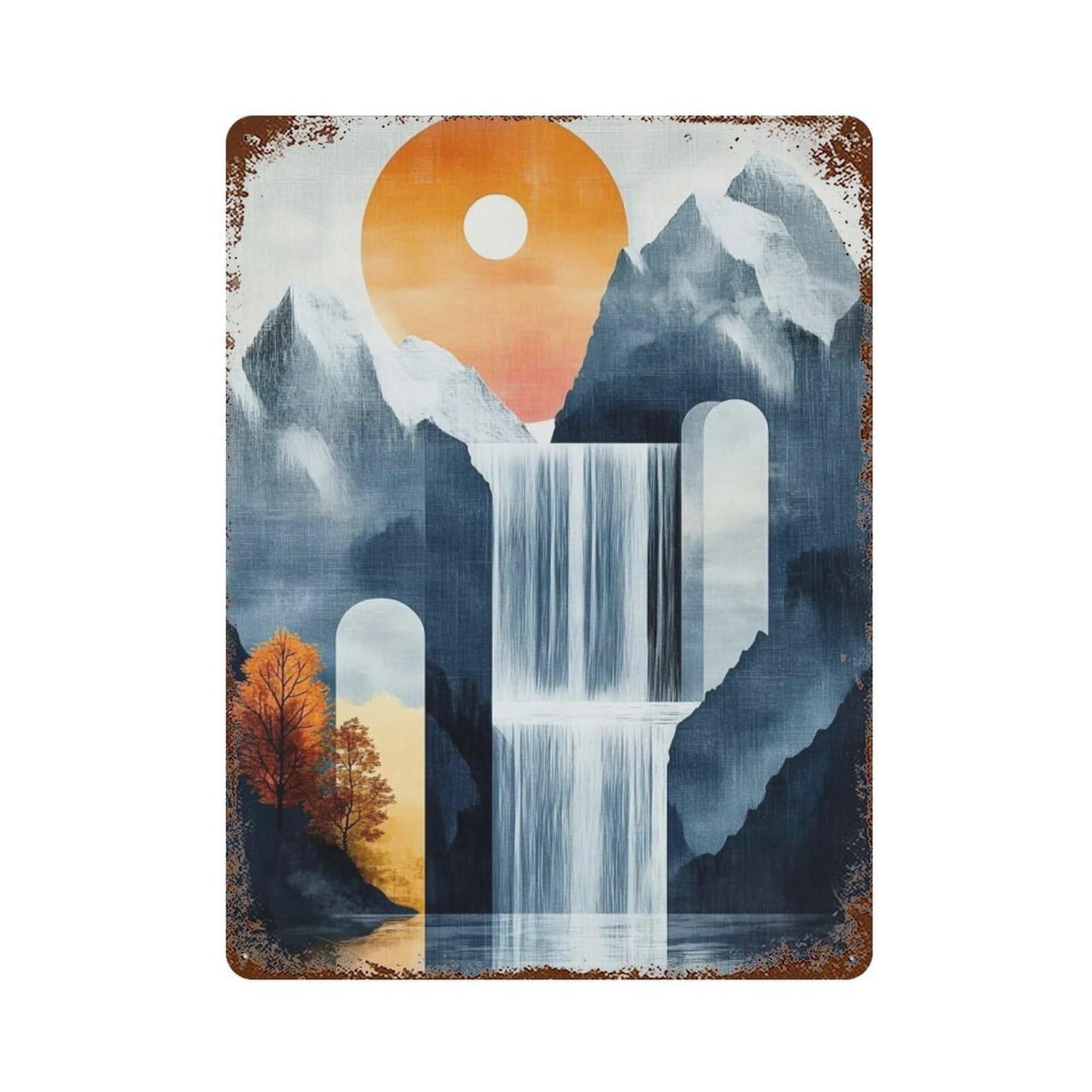 WIHYRTUI Soft Washed Block Layered Misty Mountain Stream Motif 02 Wall Retro Iron Metal Tin Sign Vintage Art Poster Modern Home Cofffee Club Art Bar Shop Decor Style 40x30cm