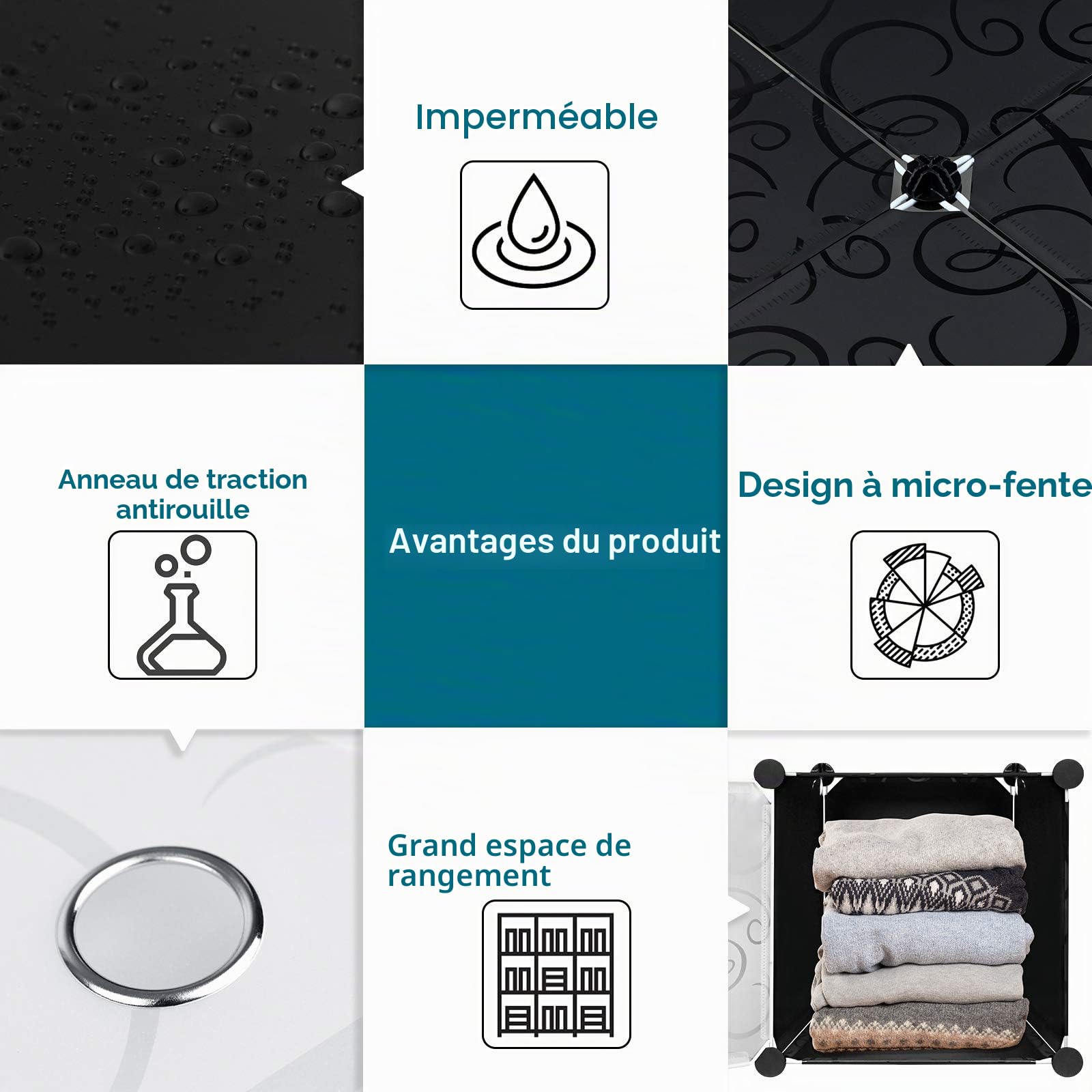 YUENFONG Organisateur de penderie DIY Étagère Système d'étagères en plastique pour vêtements, chaussures, jouets et livres, noir (8 boîtes avec porte)