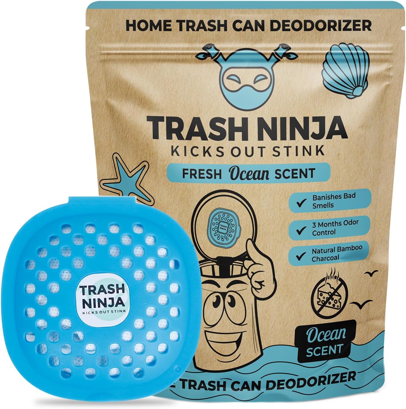 Trash Ninja Bin Freshener - Bin Odour Eliminator with Activated Charcoal, Reusable Bin Deodoriser and Freshener, Stick On Air Freshener for Bins, Bin Smell Eliminator with a Fresh Ocean Scent