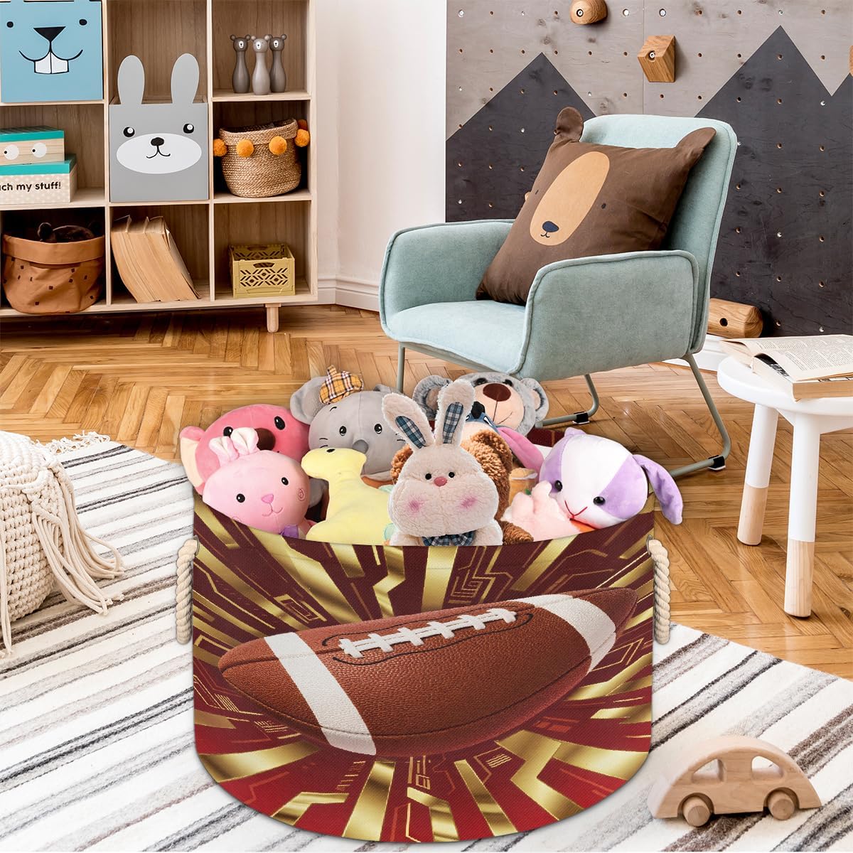 Large Storage Baskets - Red Gold Football Nursery Round Collapsible Organizer Bin Box, Laundry Hamper for Kids Toys, Blanket, Bedroom Living Room Home Decor, Gift Basket, 19.4"x13.3"
