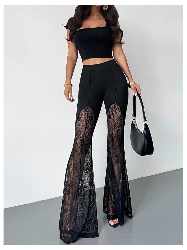 Floerns Women's Goth Floral Lace Flare Leg Pants Elastic Waist Bell Bottom Grunge Hippie Trousers Black X-Small by Floerns - Image 4