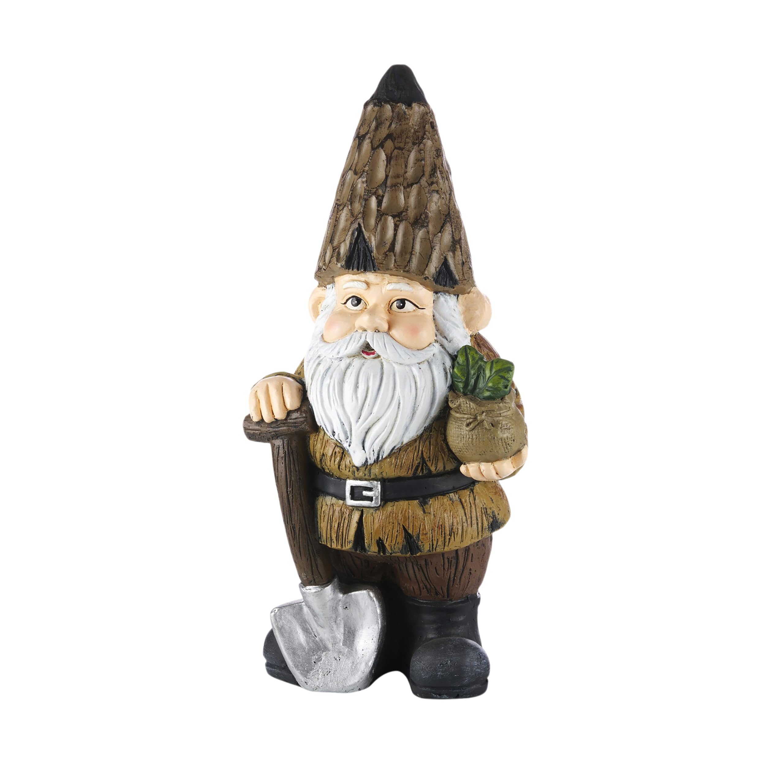 Alpine Corporation 16"H Indoor/Outdoor Garden Gnome with Shovel and Plant Statue, Brown