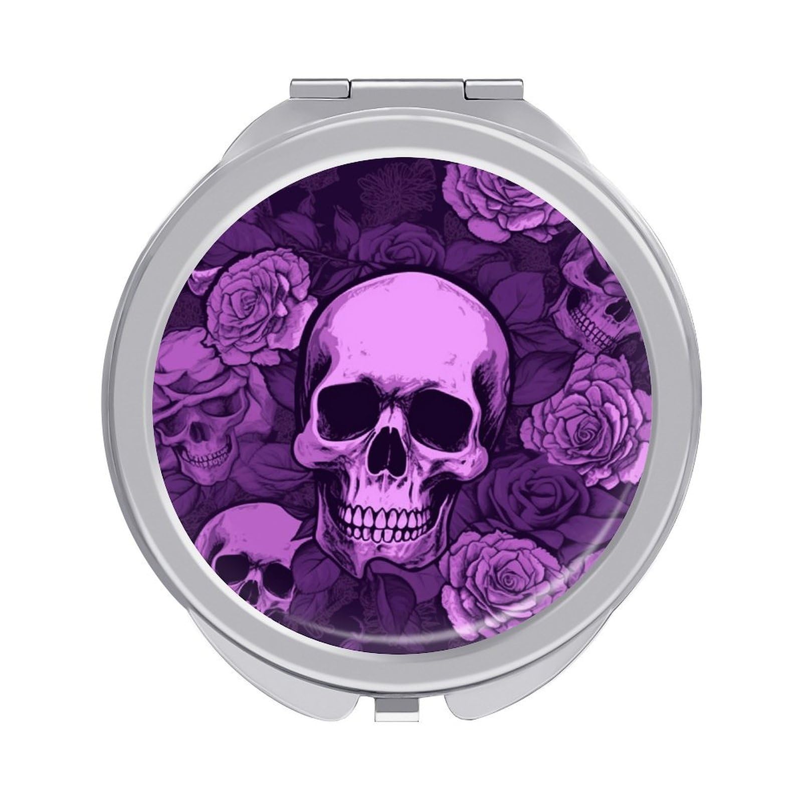 VstaDank Purple Skulls and Roses Travel Makeup Mirrors Exquisite Double-Sided 2X/1X Magnifying Folding Pocket Mirror Portable Round Handheld Mirror Mini Compact Mirrors for Outdoor Home