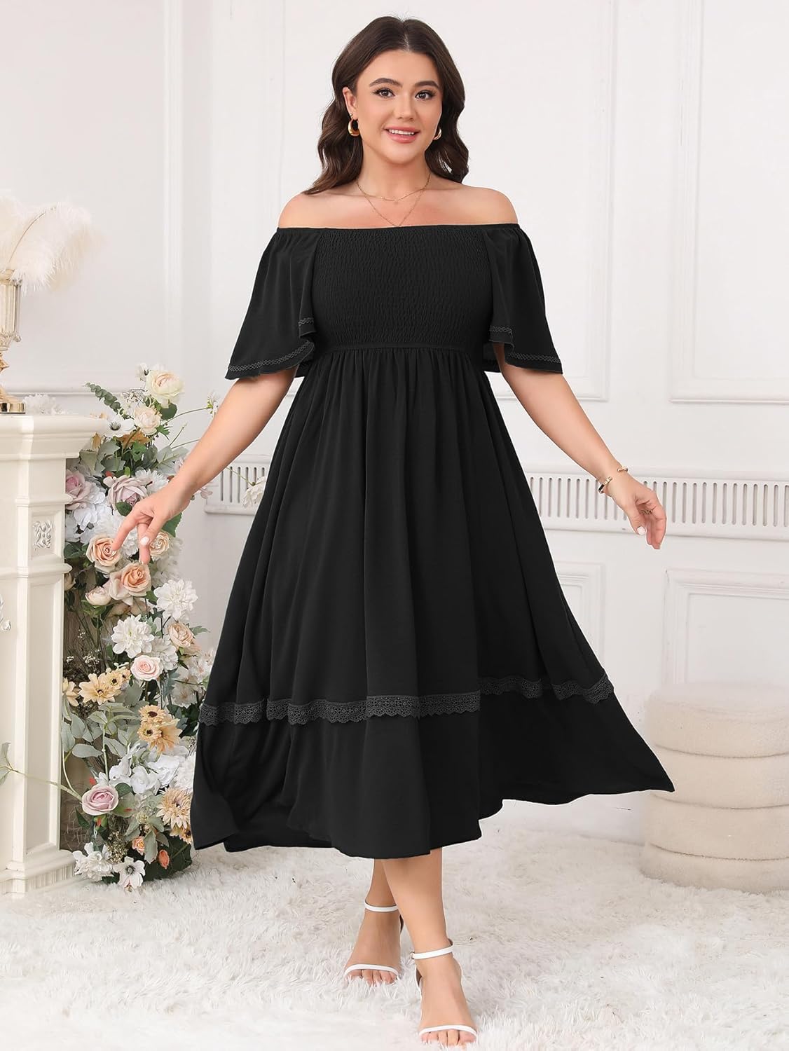 Plus Size Maxi Dresses for Curvy Women Short Sleeve Square Neck Smocked Flowy Formal Wedding Guest Dress Lace Trim - Image 2