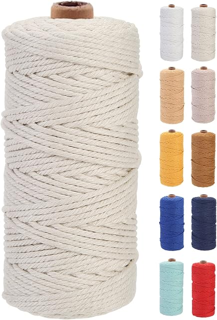 GOHOF Macrame Cord 3mm x 100m Premium Cotton Macrame Rope, 4 Strand Twisted Soft Cotton Cord, One of The Most Perfect Materials for Macrame Art, Cotton String Without Chemicals (Beige)