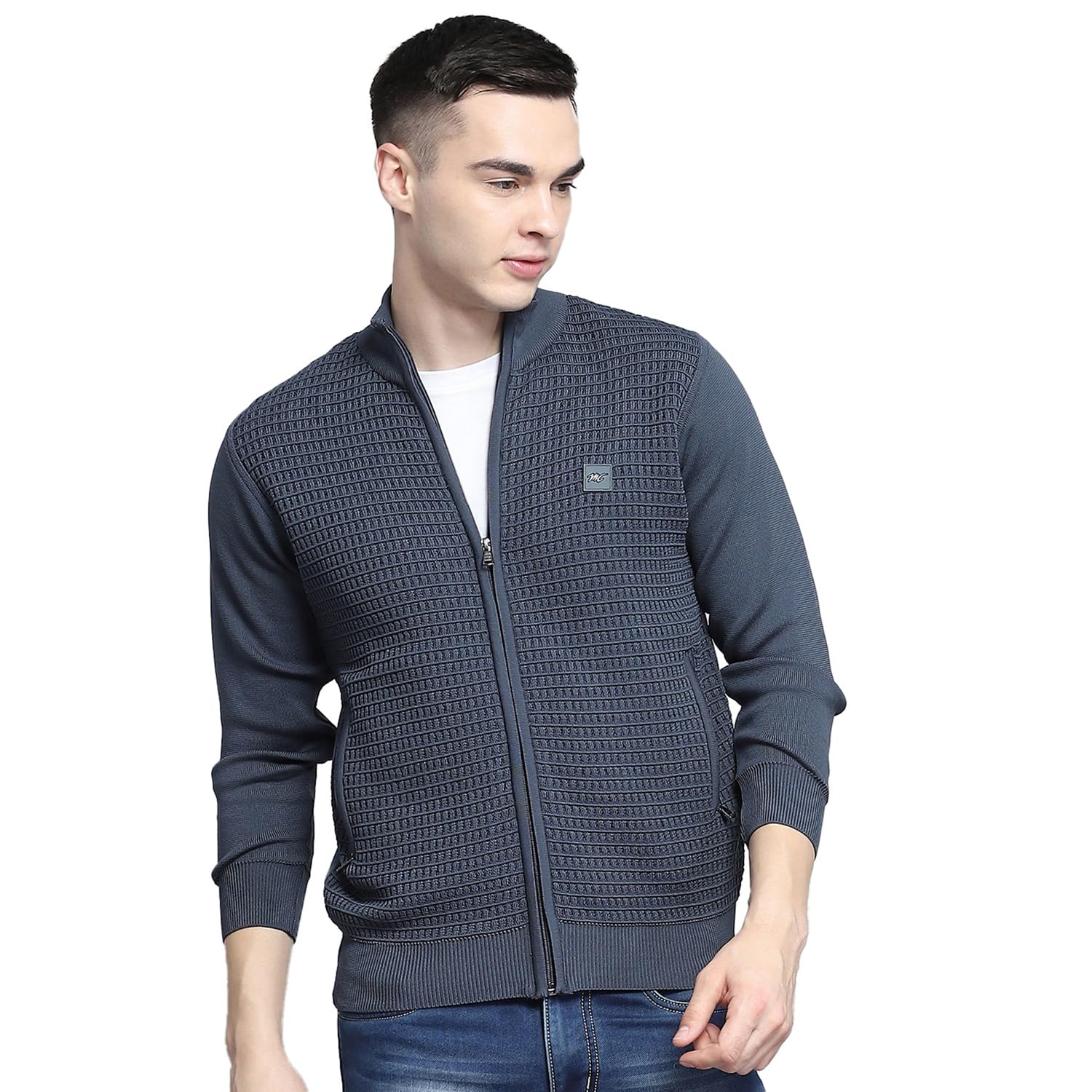 Mens Self Design Grey Mock Neck Full Sleeve Pullover