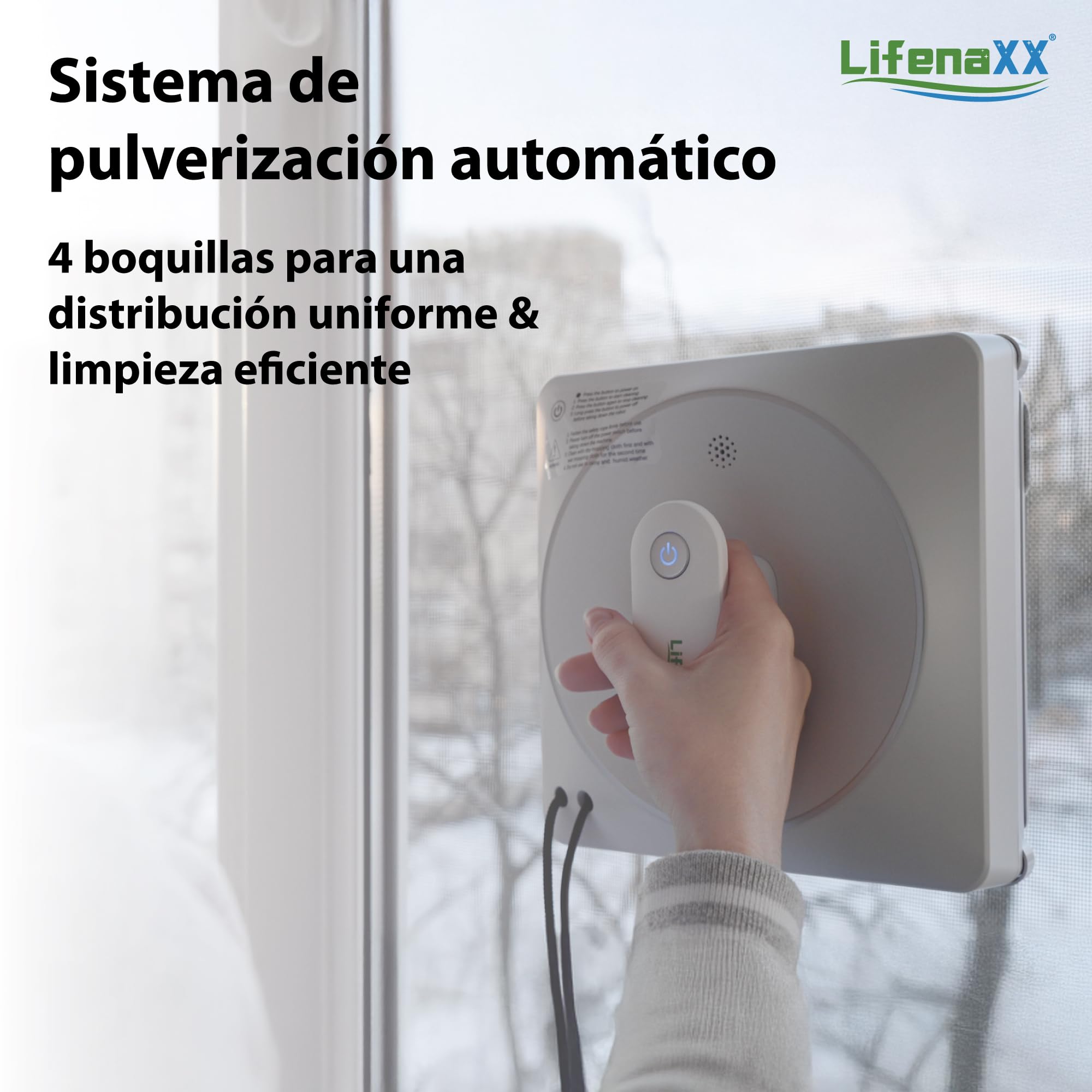 Robot limpiacristales Lifenaxx LX-047, limpiador de ventanas eléctrico con 4 boquillas de pulverización, alta potencia de succión de 4500Pa, gran depósito de agua de 100 ml, 4 modos de limpieza