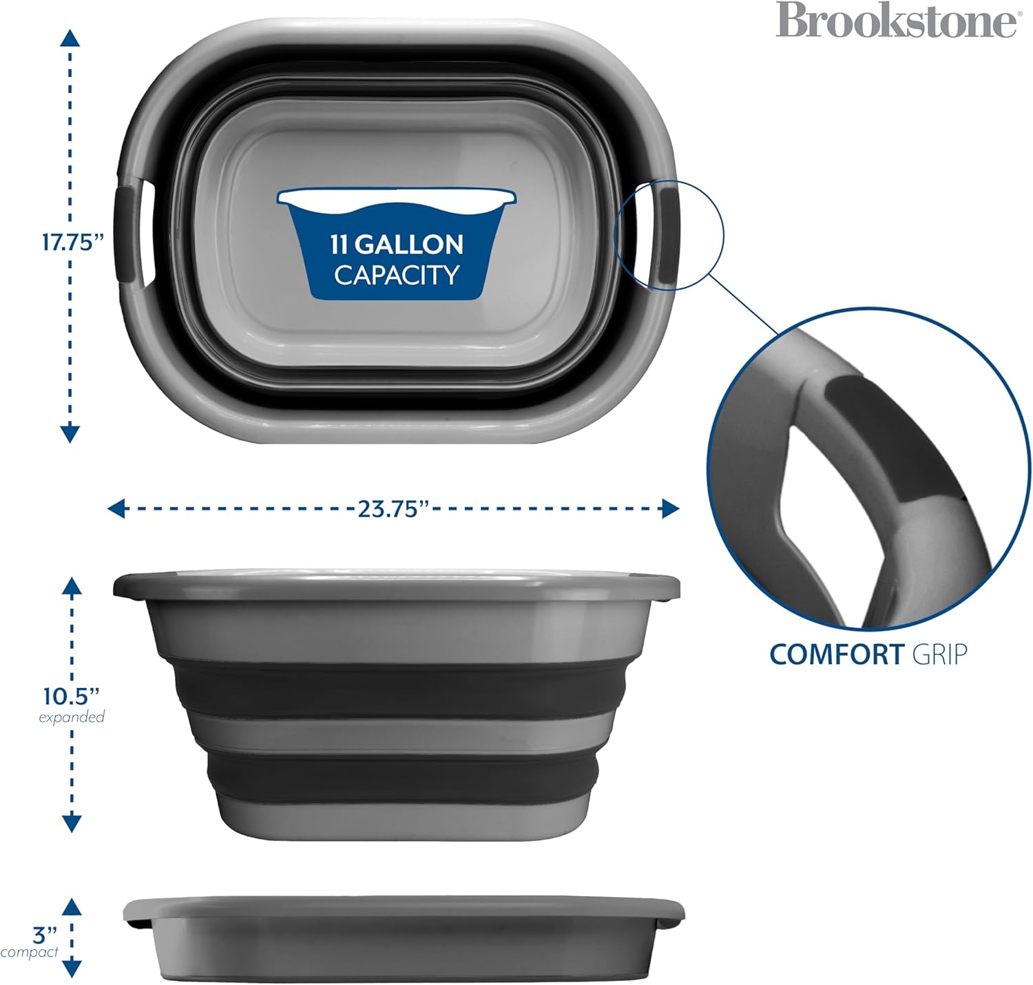 BROOKSTONE Collapsible Laundry Basket Set, Modern Extra Large Collapsible Basket Set, Comfort Non-Slip Grip Handles, Minimalist Space Saving Design, Portable Pop-Up Hamper, BPA FREE, Dark Grey, 2 PACK