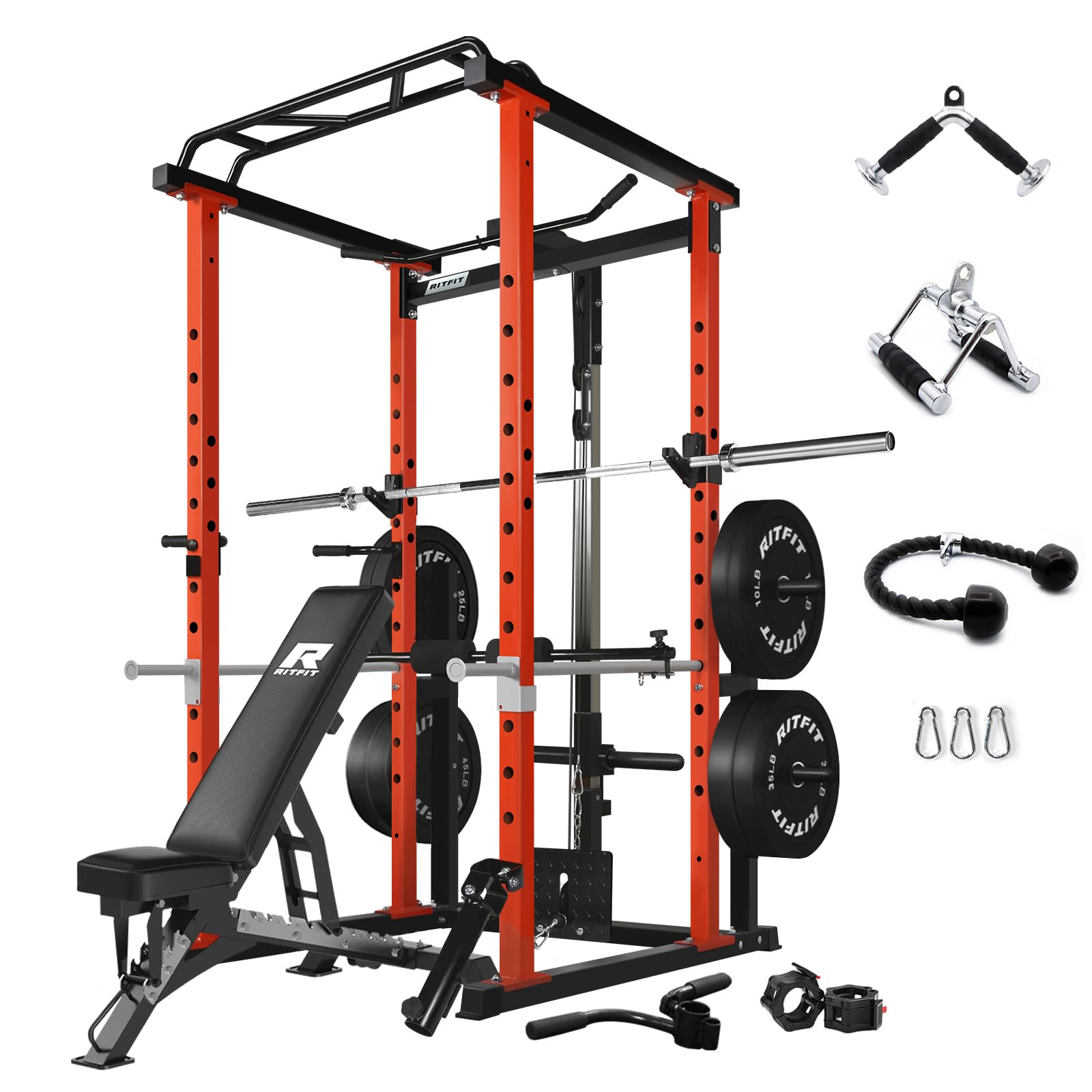 RitFitPower Cage with Optional LAT PullDown/Cable Crossover/Smith Machine System, 1000LB Squat Rack for Home & Garage Gym, with Weight Storage Rack and More Training Attachments, ASTM-Certified