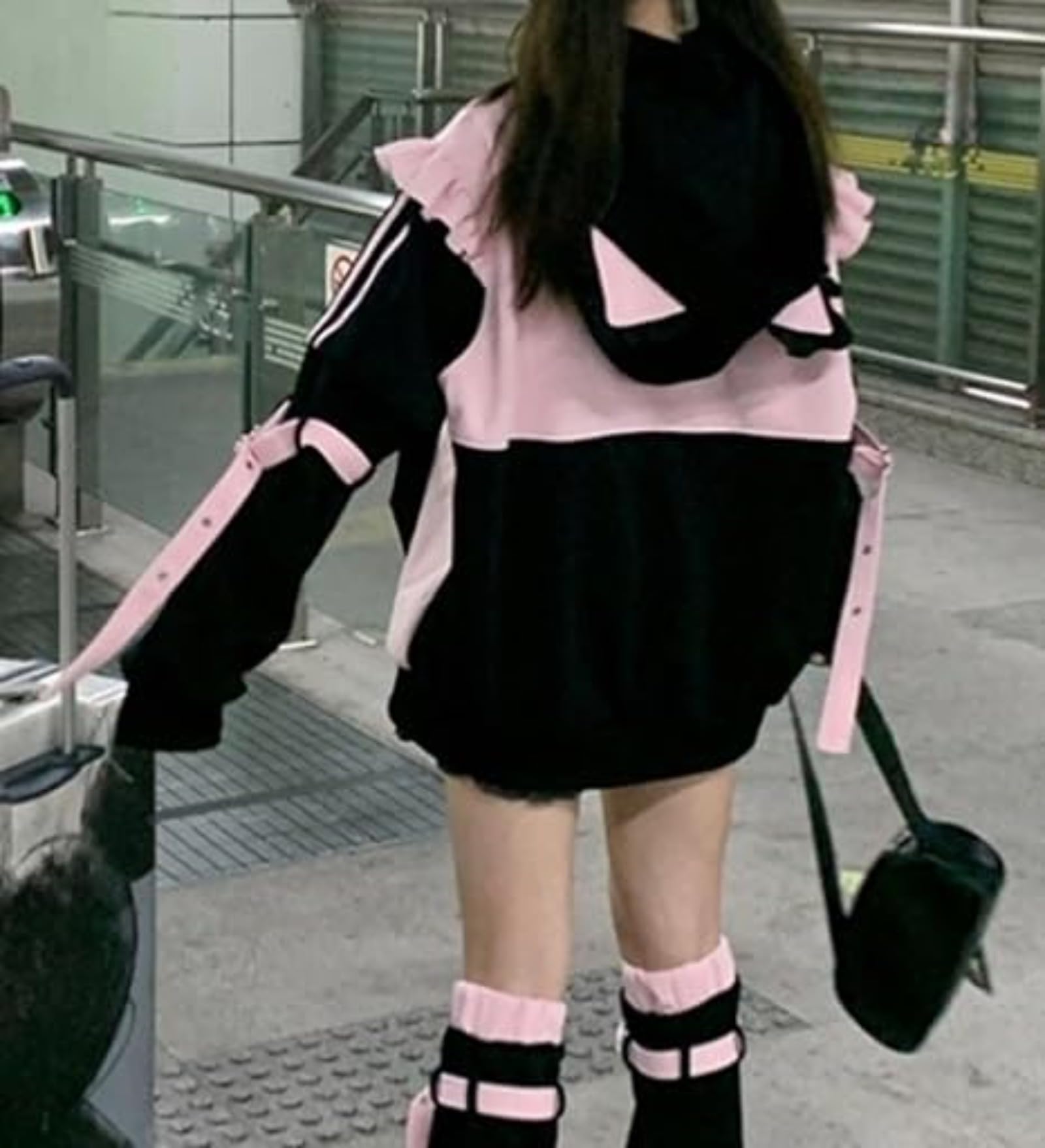 Pokn Tenshii Kawaii Hoodies Jirai Kei Fashion Cute Cat Ears Clothes Oversized Zip Up Hoodie Gothic Top: Pink Medium