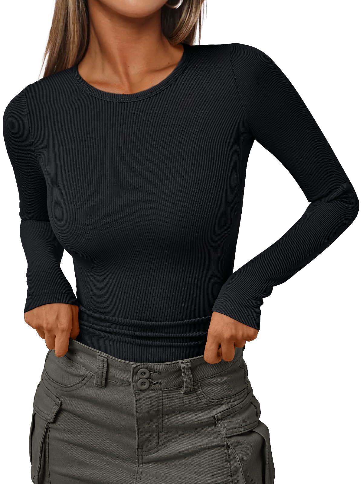 AUTOMET Womens Ribbed Shirts Crewneck Fitted Tops Casual Underscrubs Layer Slim Basic T-Shirts Workout Outfits