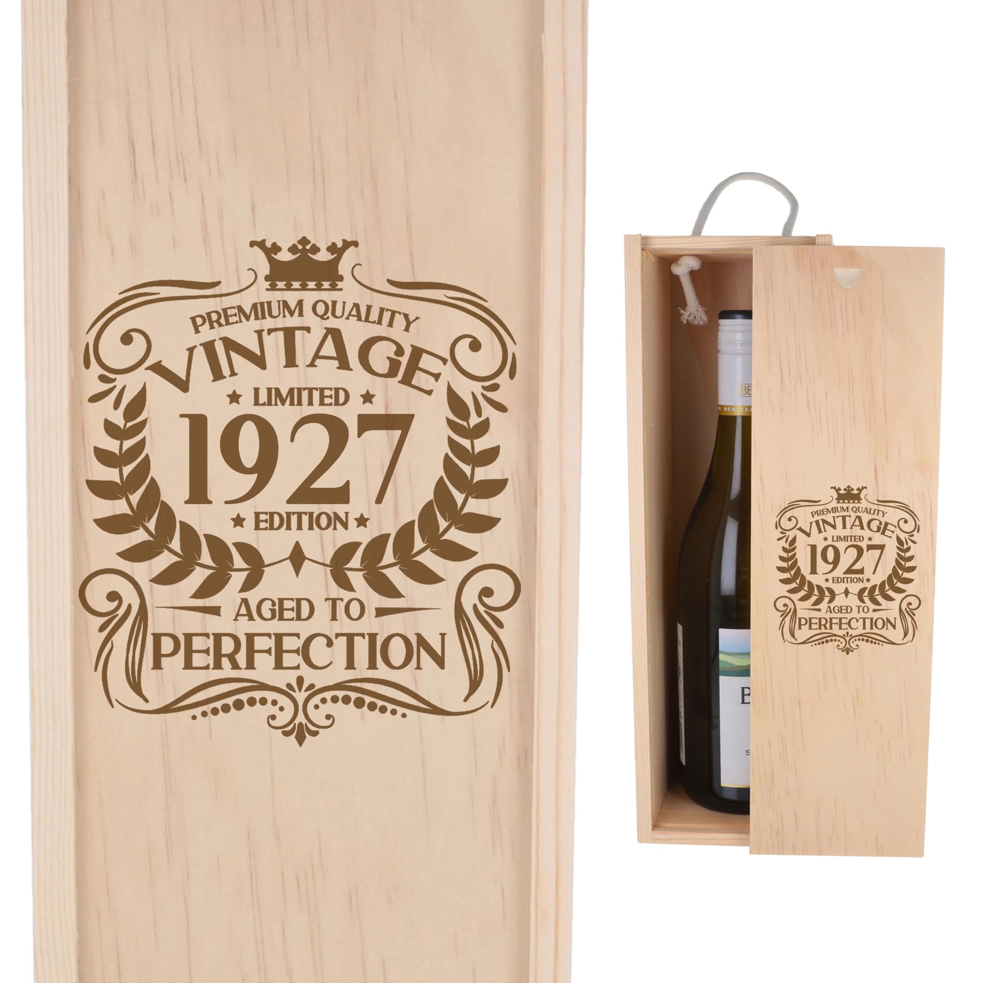 Wooden Wine Box Vintage 1927 Aged to Perfection Birthday Design, Personalised Wine Box for 99th Birthday Celebration, Custom Laser Engraved Wooden Carrier for Champagne or Spirits Bottles