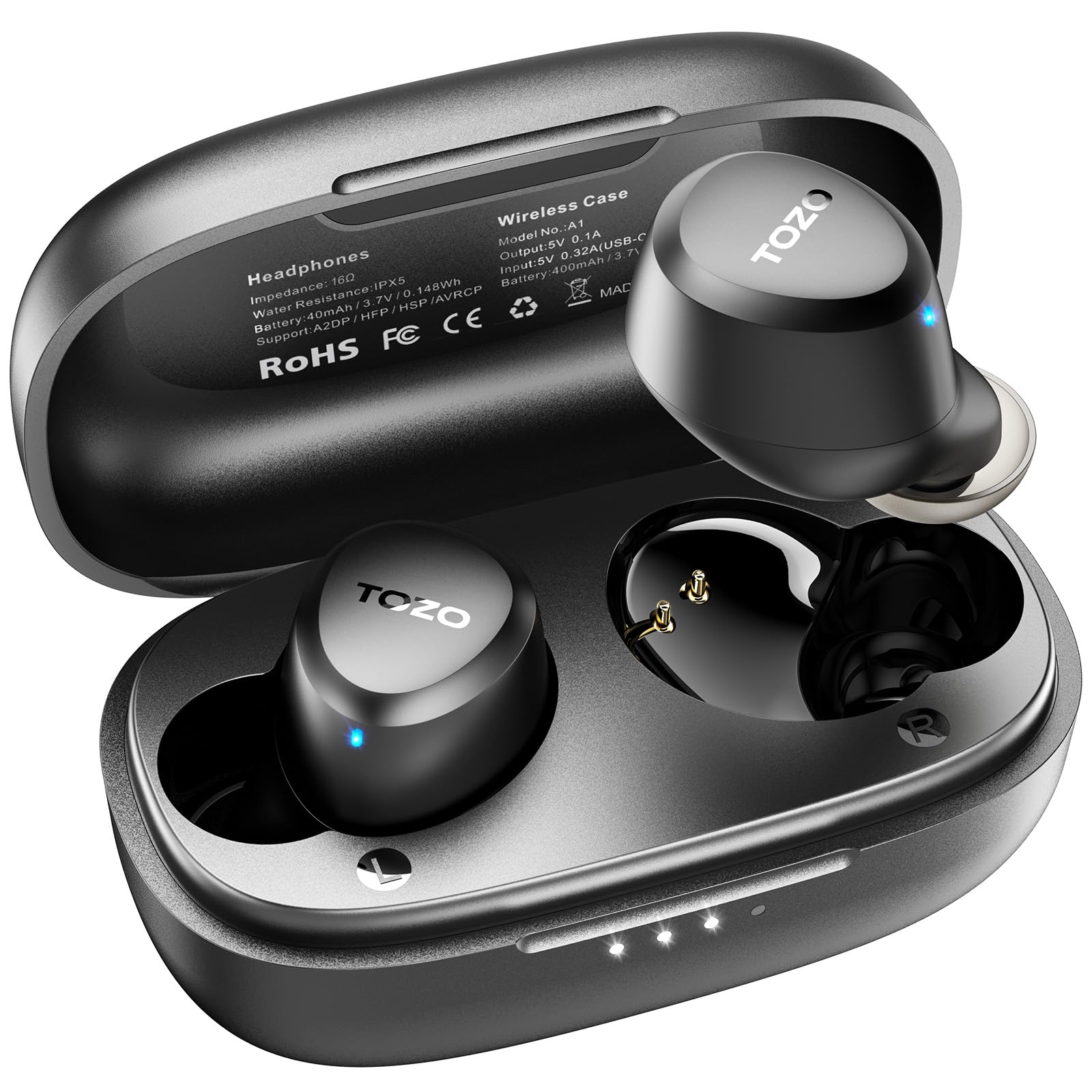 TOZO Auriculares Inalámbricos, A1 Mini Auriculares Bluetooth 5.3 con HD Micrófono, Cascos Inalambricos Bluetooth Sonido Premium Inmersivo, Reproducción 30H, (Compatible para Orejas pequeñas), Negro