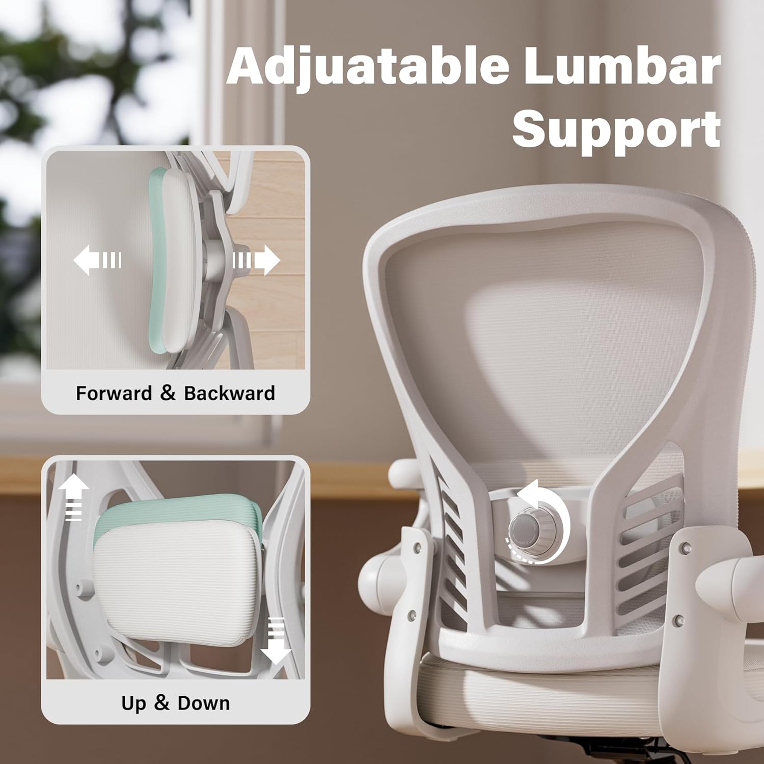 GYI Ergonomic Office Chair, Mesh Desk Chair with Adjustable Lumbar Support and 3D Flip-up Arms, Computer Chair with Wheels, All White