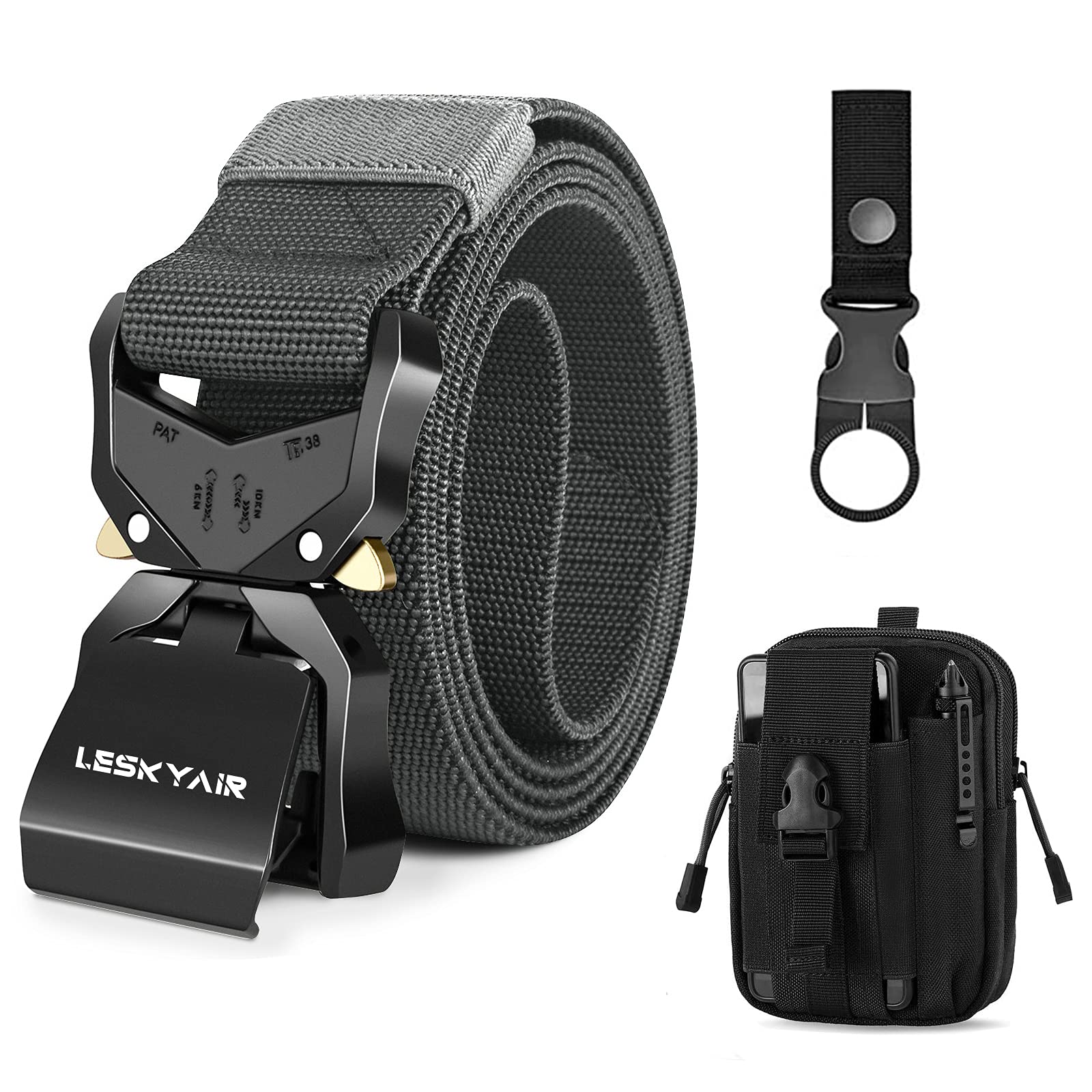 LeskyairMen Tactical Belt, Military Work Belt Rigger 1.5" Nylon with Heavy Duty Quick Release Metal Buckle, Gift with Molle Pouch and Bottle Clip
