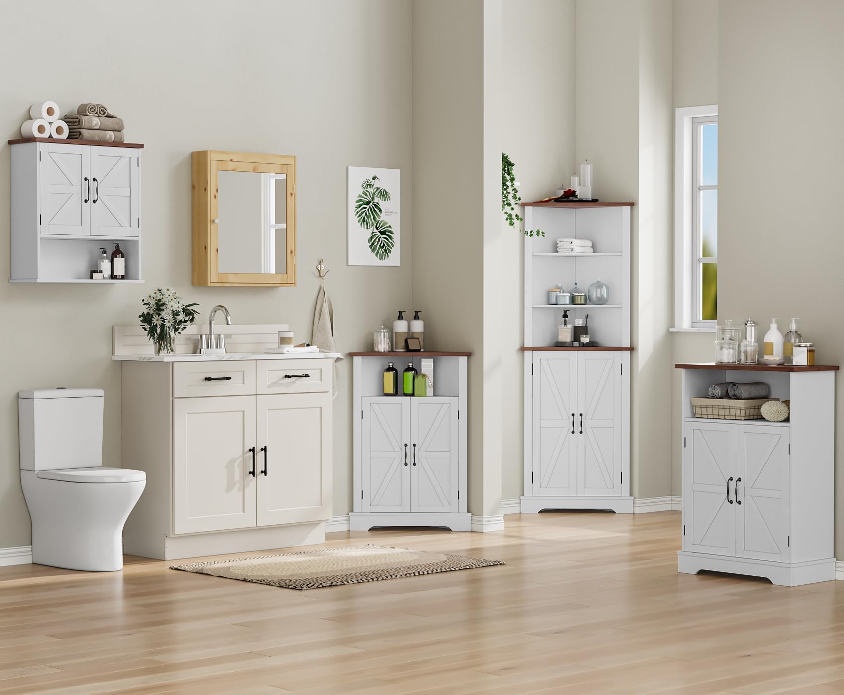 Badezimmer-Eckschrank, Bauernhaus-Boden-Eckschrank mit Türen und verstellbaren Regalen, freistehender Holzaufbewahrungsstall Schrank für Badezimmer, Küche, Wohnzimmer, Weiß