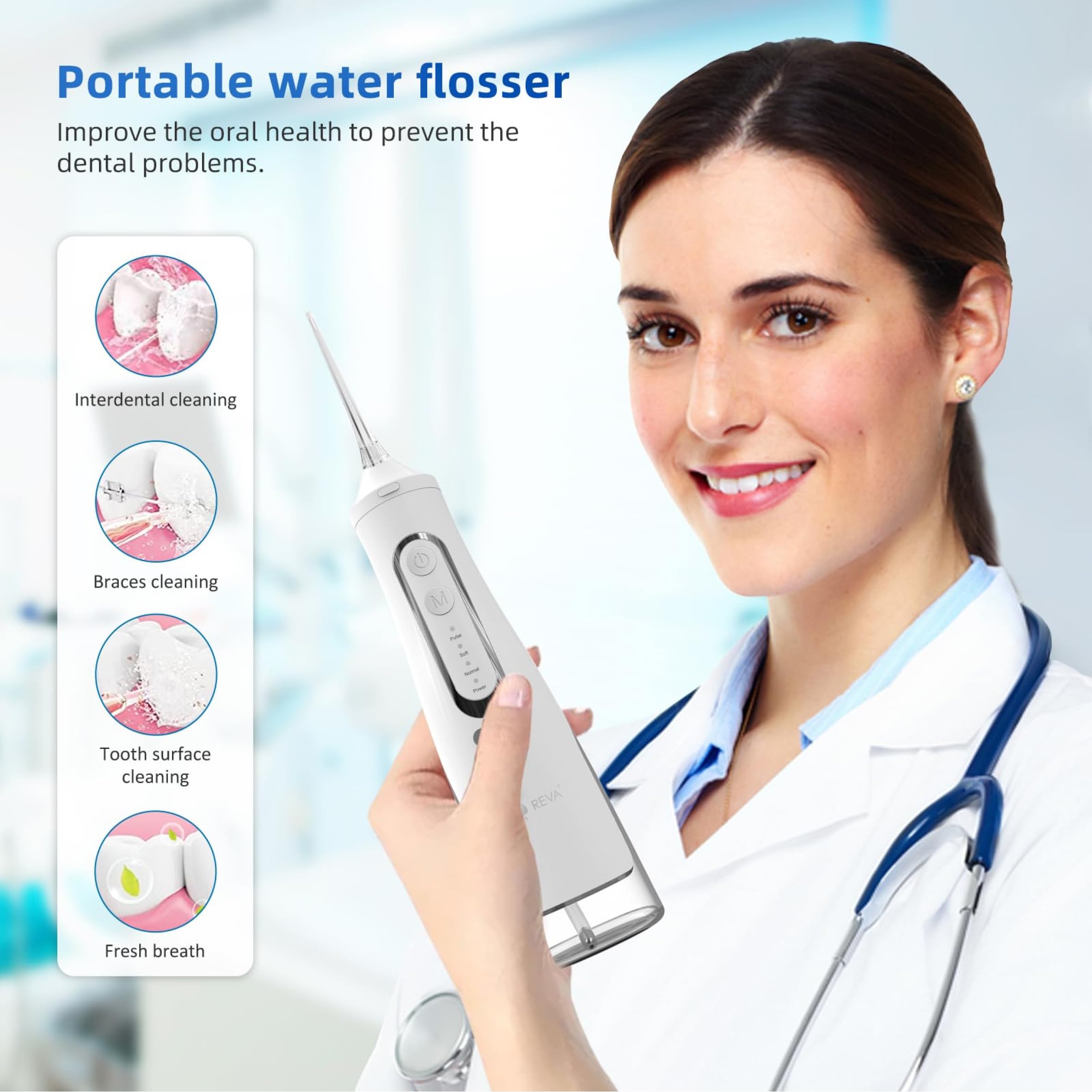 Reva - Irrigador bucal eléctrico para limpieza de dientes, tanque grande de 310 ml, impermeable IPX7, irrigador oral inalámbrico recargable con 4 puntas de chorro, memoria inteligente, bajo ruido