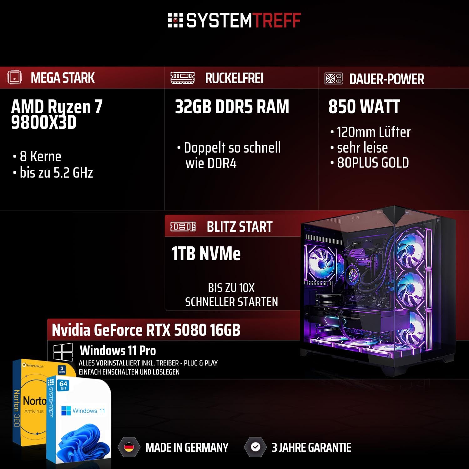 SYSTEMTREFF High-End Gaming PC AMD Ryzen 7 9800X3D 8x5.2GHz | Nvidia RTX 5080 16GB DX12 | 1TB M.2 NVMe | 32GB DDR5 RAM | Windows 11 | Desktop Computer Rechner für Gamer, Zocker & Streamer