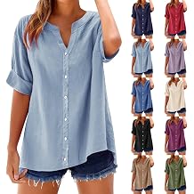 Womens Linen Button Down Shirts Roll Up Sleeve V Neck Summer Tops Solid Teacher Tunic Tops Casual Dressy