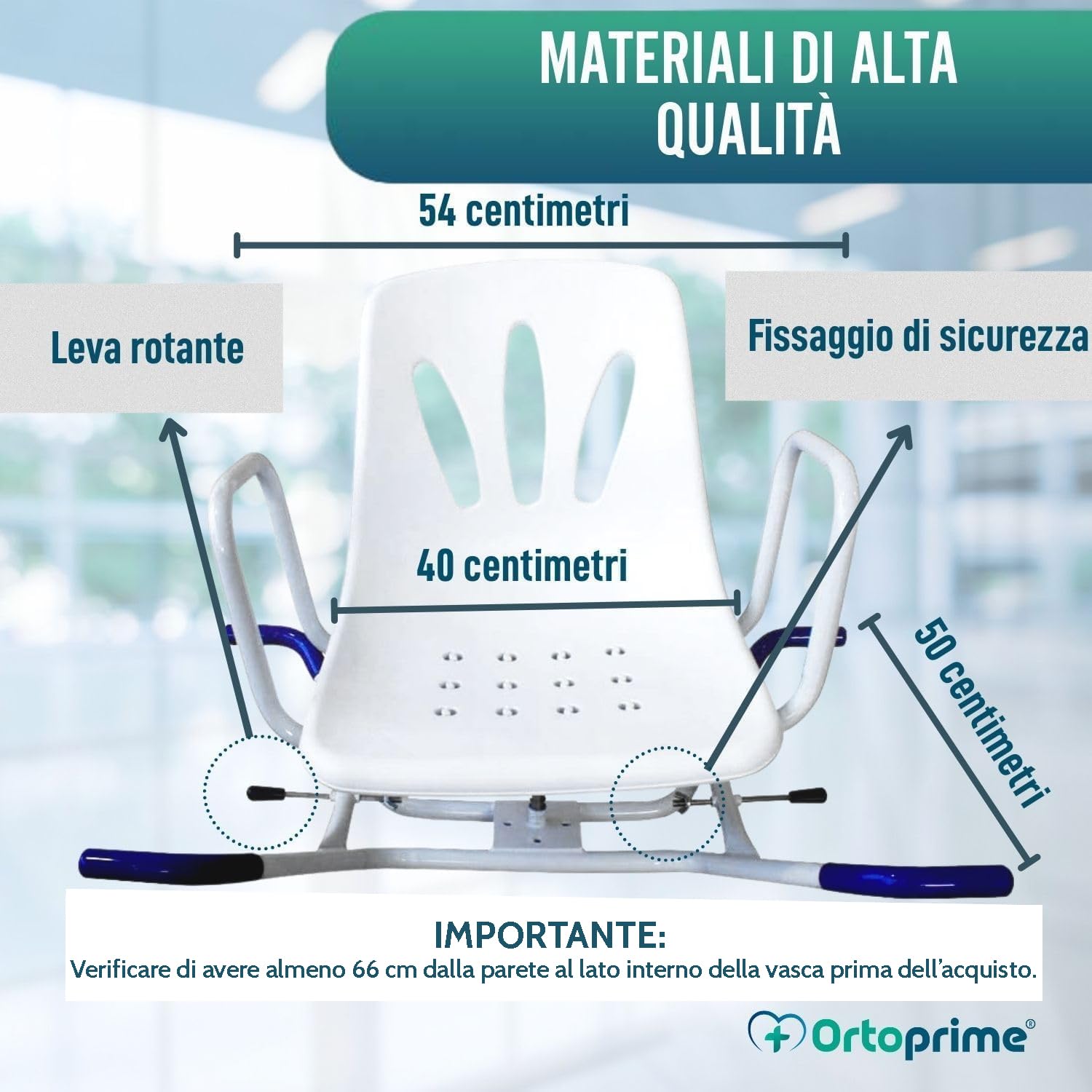 OrtoPrime Sedia Girevole per Vasca da Bagno 360° - Sedile Vasca per Anziani COMODO E SICURO - Sedia Vasca da Bagno Facile da Usare - Trasferimento Sicuro - MISURARE LA VASCA PRIMA DELL'ACQUISTO
