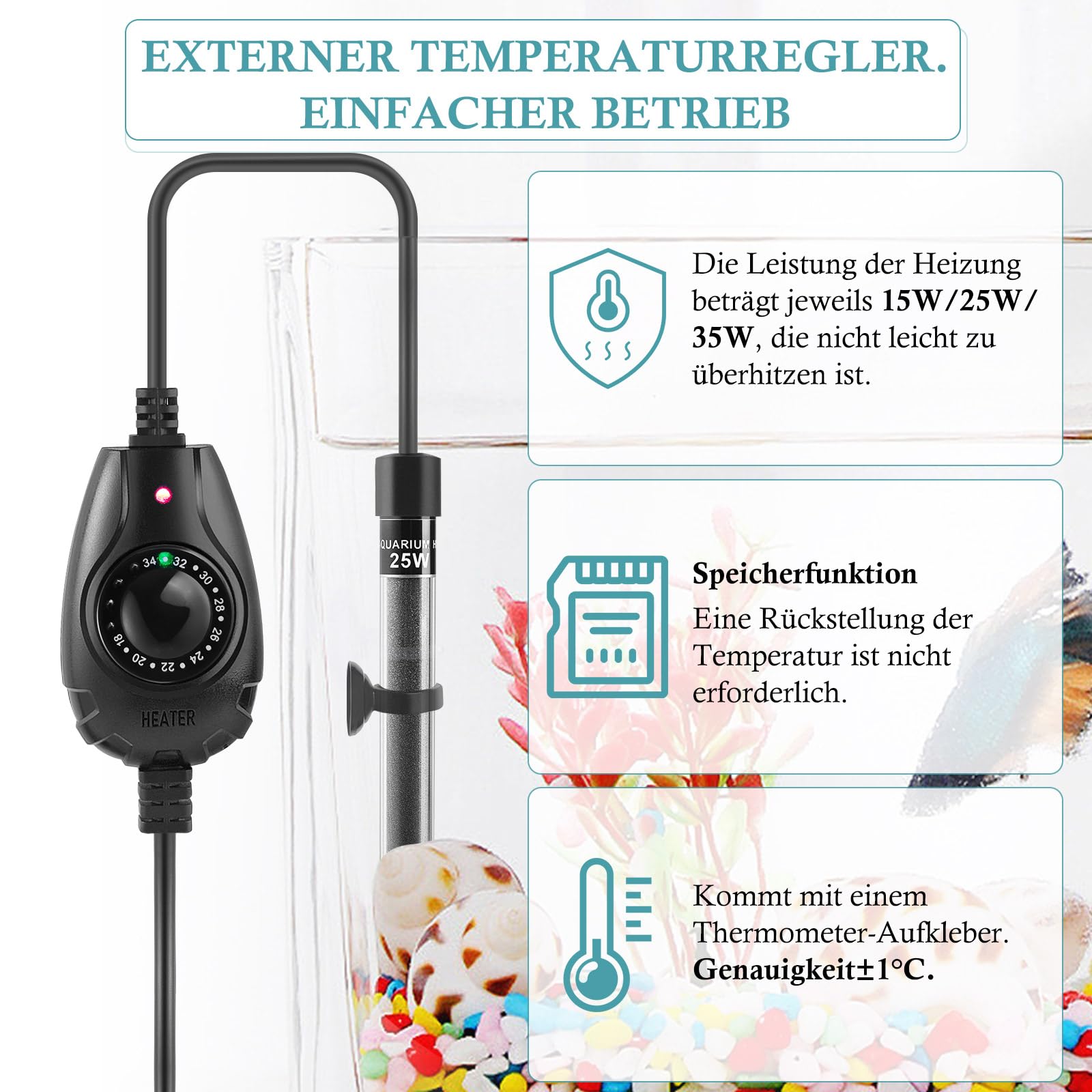 FEDOUR Mini Aquarium Heizung 15W 25W 35W Tauchbare Heizstab für 1-30L Aquarium mit externem Temperaturregler