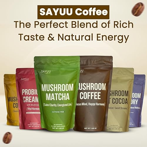 Miniatura 10 de SAYUU Mezcla de café de hongos  Enfoque, energía y armonía  Vegano, hongos funcionales, Cordyceps, melena de león y reishi  Suplemento dietético  30