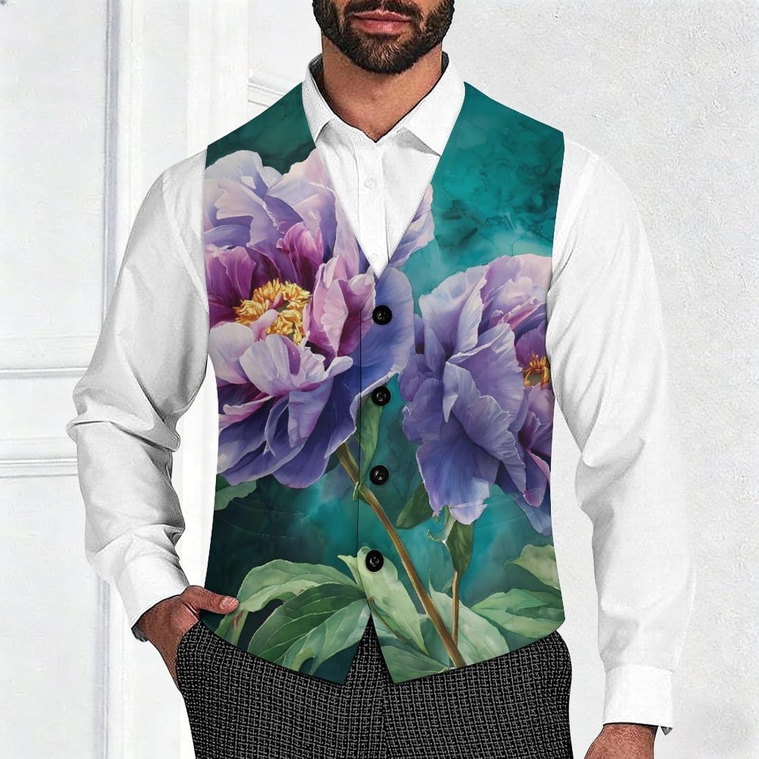 Purple Blue Flower Emerald Green Marble Men's Suit Vest Formal Vests Casual Dress Fit Waistcoat Casual Tuxedo for Business