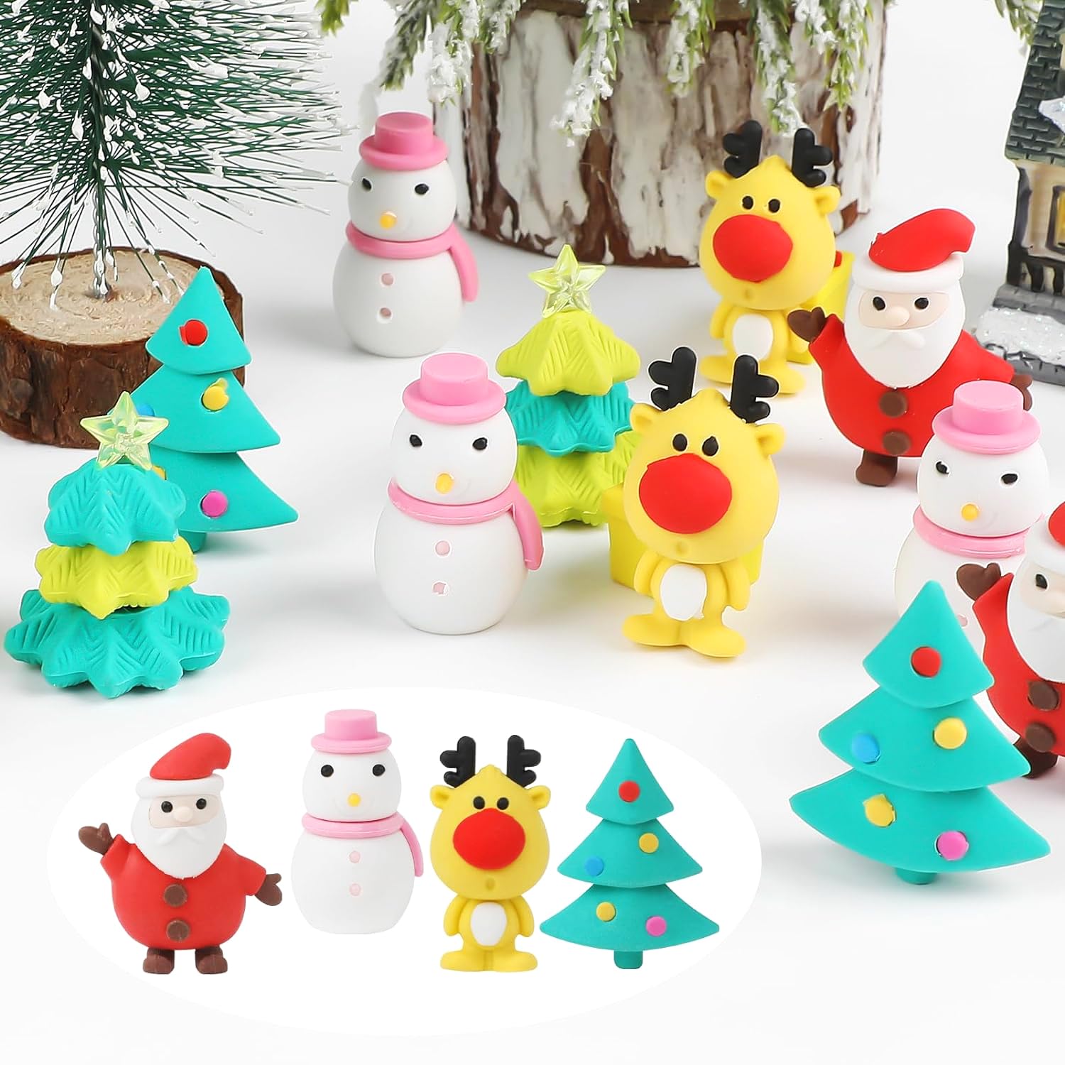 FINGOOO Christmas Erasers for Kids 30 Pcs Cute Santa Reindeer Snowman Xmas Tree Gift Box Erasers for Christmas Party Bag Filler