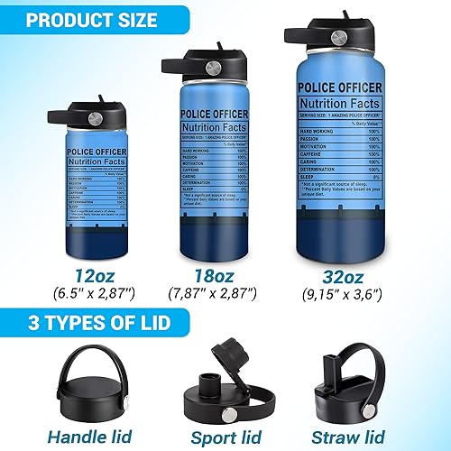 Vista 56 de Hyturtle Botella de agua personalizada de policía, botella de acero inoxidable aislada de 18 onzas, 32 onzas, bandera de línea azul fina, regalo