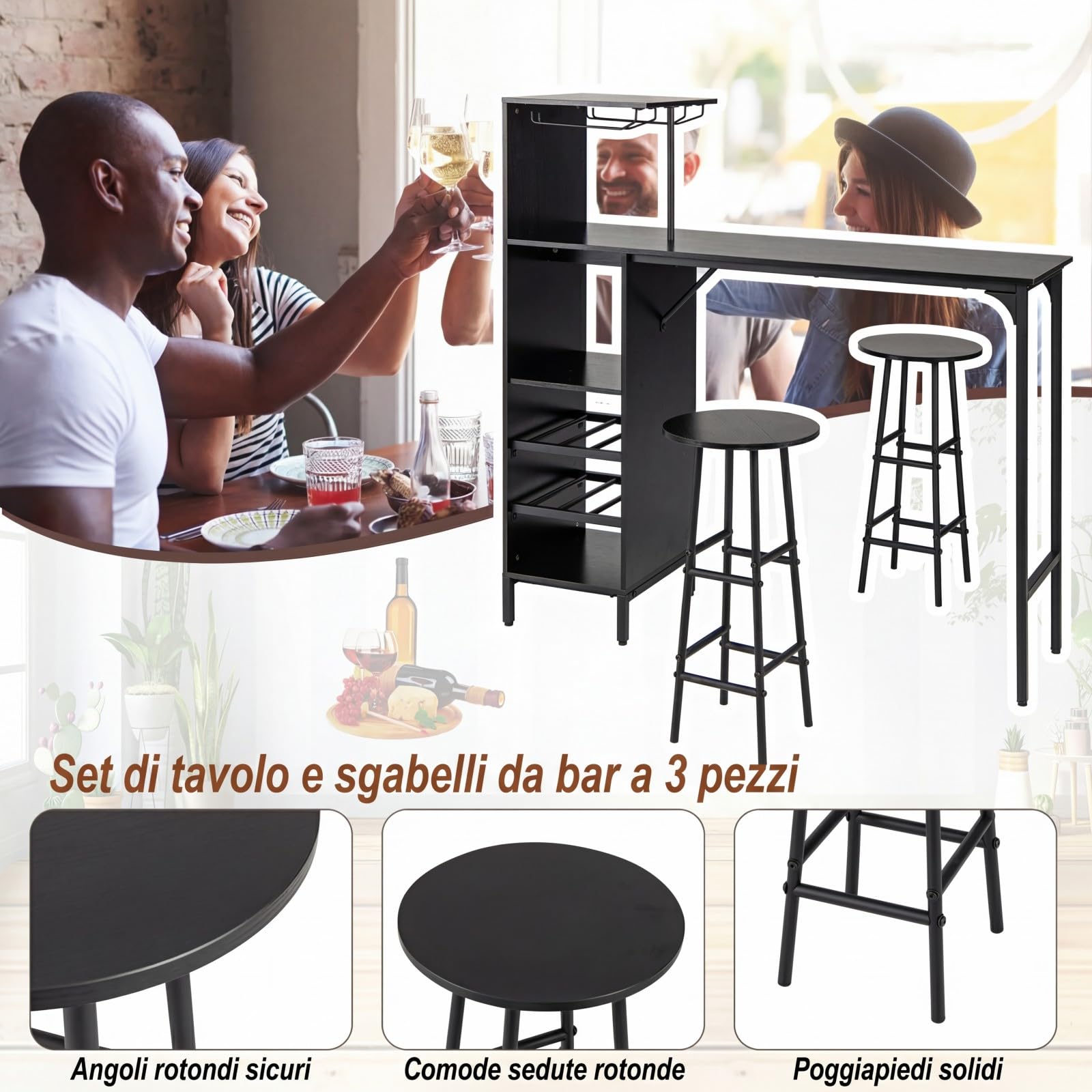 COSTWAY Set 3 Pezzi Tavolo e Sedie da Bar, Tavolo e Sgabelli da Pub Industriale con Porta Calici e 6 Portabottiglie da Vino, Set di Tavolo per Sala da Pranzo, Ristorante e Bar (Nero)