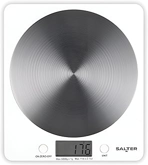 – Salter White Disc Digital Kitchen Scale – Electronic Food Scale, Add & Weigh Multiple Ingredients, 5kg Capacity, Aquatronic for Measuring Liquids, Easy Read LCD Display, Includes Battery
