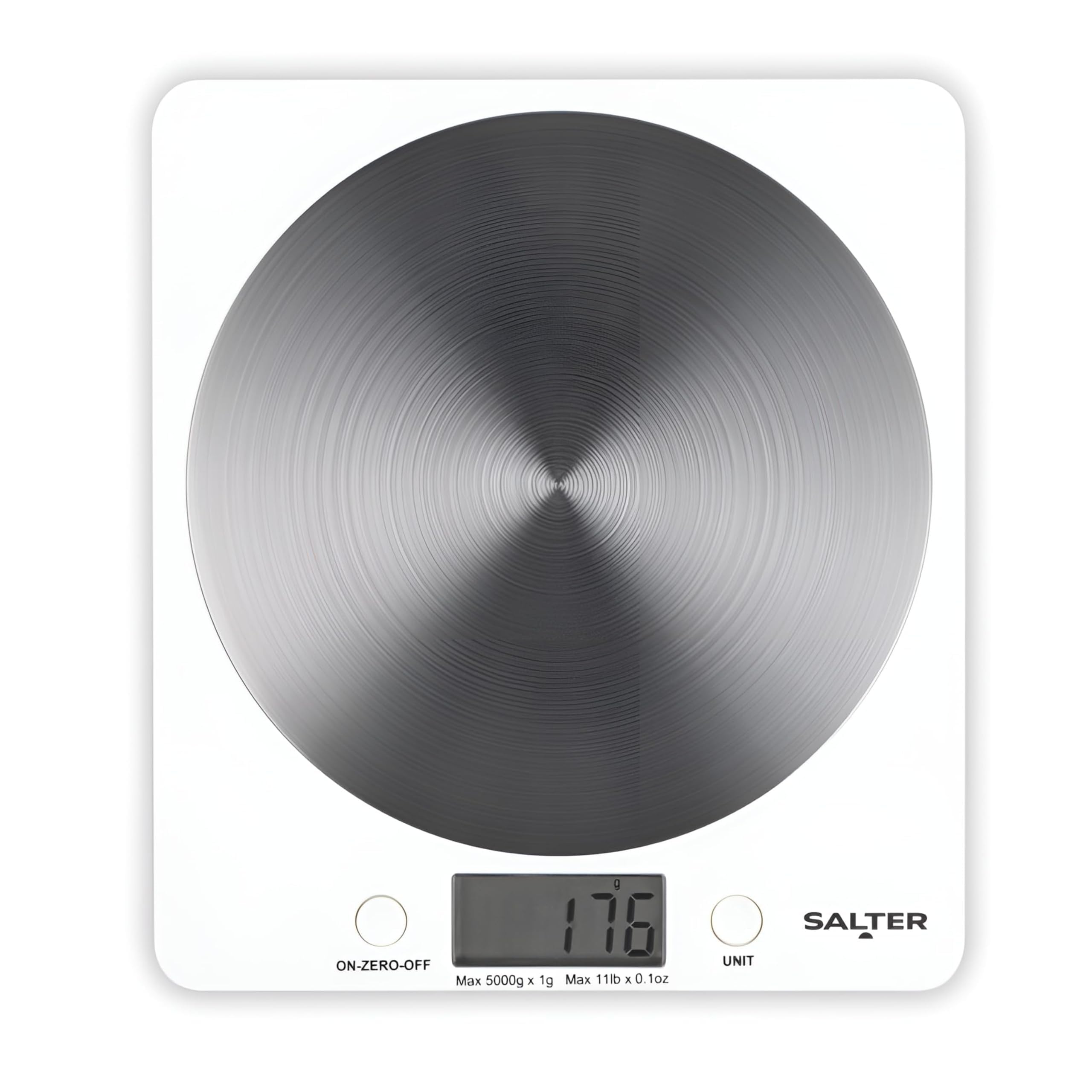 Salter White Disc Digital Kitchen Scale β Electronic Food Scale, Add & Weigh Multiple Ingredients, 5kg Capacity, Aquatronic for Measuring Liquids, Easy Read LCD Display, Includes Battery